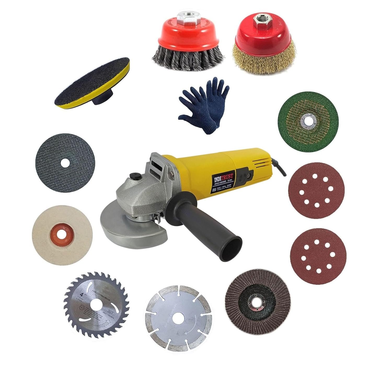 Inditrust 950W Multi Use Powerful Grinder With 1Pair Gloves and 11pc Multi type wheel Combo Angle Grinder (100 mm Wheel Diameter) 100% Copper Winding