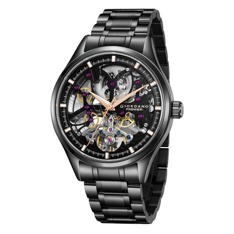 Giordano Premier Fortezza Collection Automatic Watch for Men with Skeleton Round Dial, Luminous Hands and Markers, Stainless Steel Strap - GZ-50225