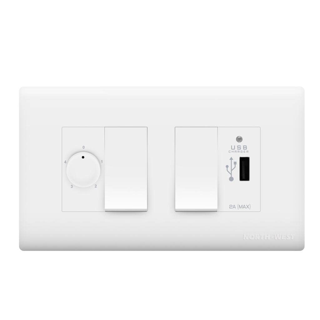 Wipro Northwest (Nowa) Switch Combo of 4M Plate + 1M 6A Switch x2 + USB Charger + 4 Step Fan Regulator, White (Kit 10)