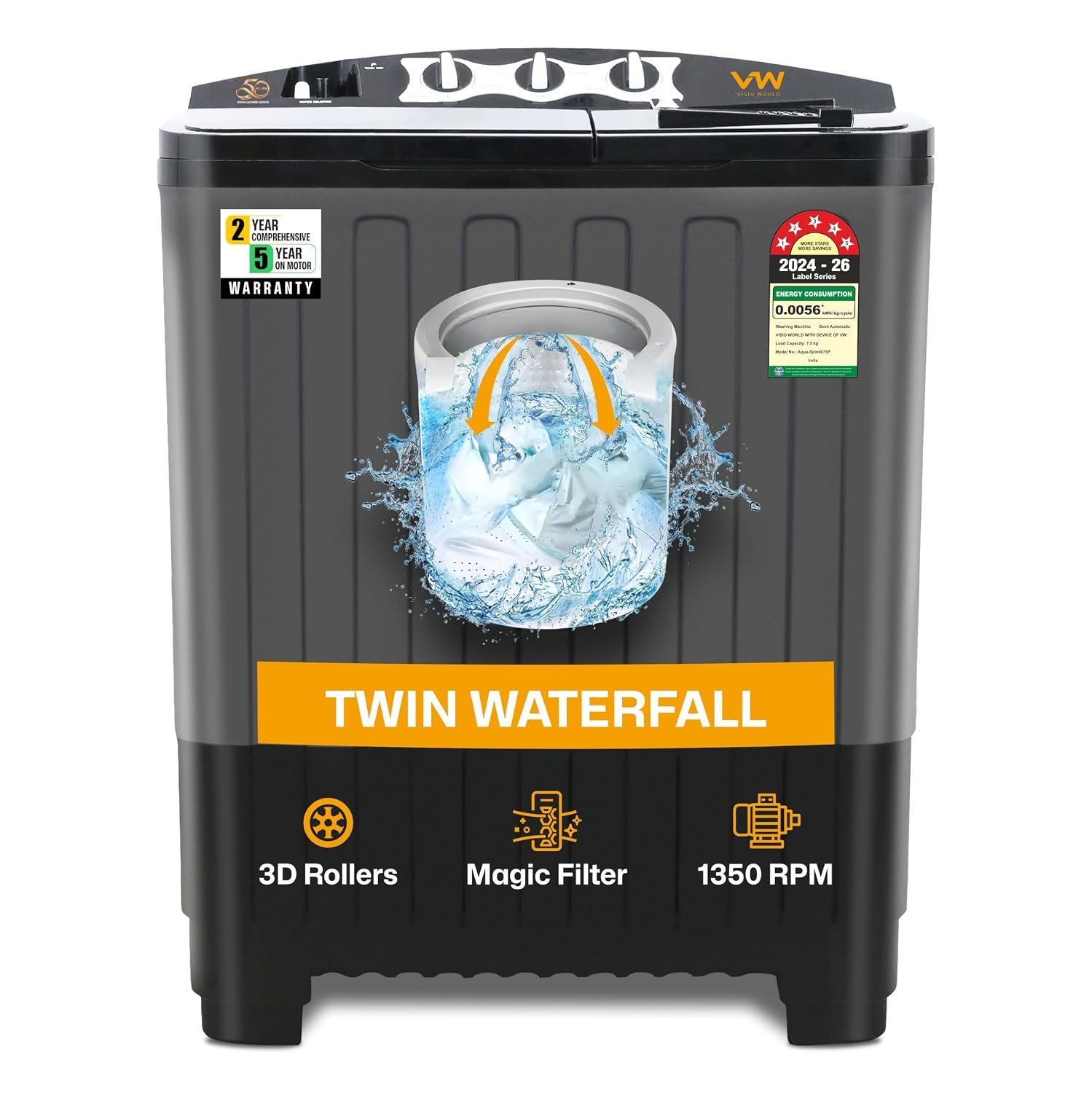 VW 7.5 kg 5 Star Aqua Spin Semi Automatic Top Load Washing Machine AquaSpin0075P (Black)
