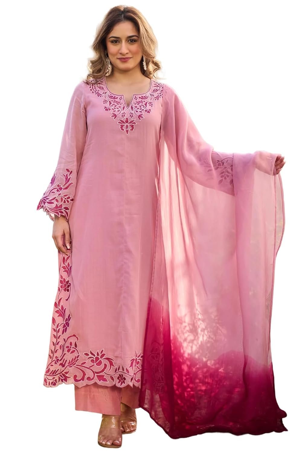 GoSriKi Kurta Sets for Women Viscose Embroidered | Kurti Set for Woman | Straight Kurta Palazzo Dupatta Set | 3 Piece Set Women | Round Neck V-Slit Full Sleeve Stylish Ethnic Outfit Clothing