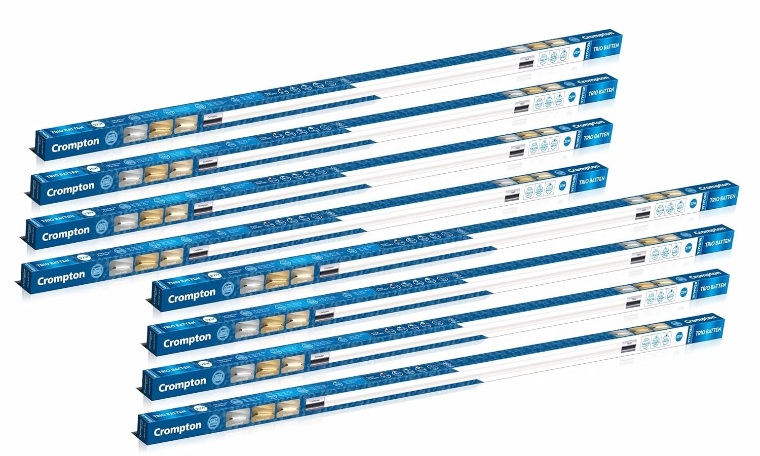 Crompton TRIO 22W Batten Direct +Indirect Light (Focus mode- White light+ Theatre mode- Yellow light+ TRIO Mode- Natural light) Aesthetic Design, Ambience light - Pack of 8