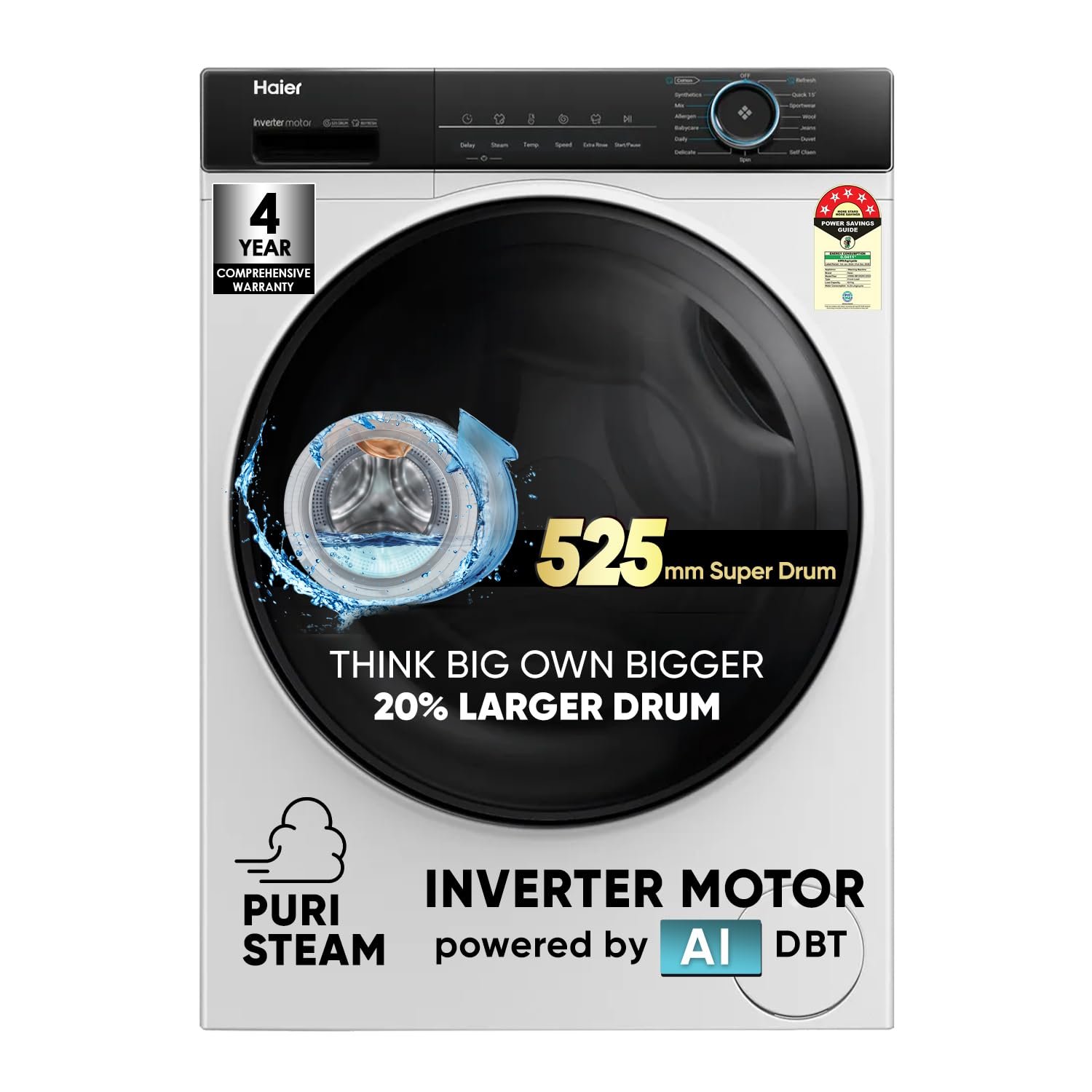 Haier 8 kg 5 Star Powered by AI-DBT with PuriSteam, 525mm Super Drum, Inverter Motor with In-Built Heater Fully Automatic Front Load Washer (HW80-IM12929C | White)