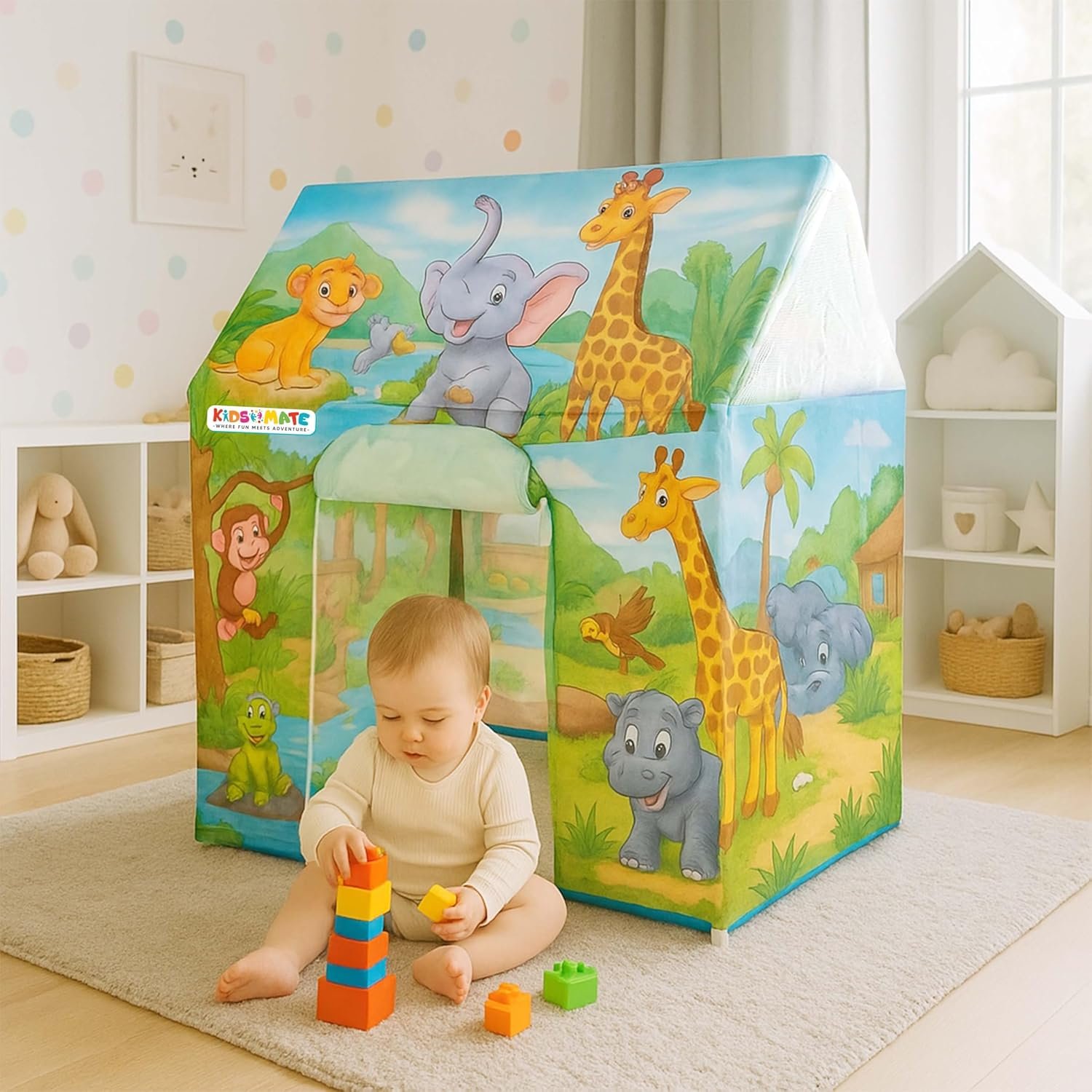 Kidsmate Jungle-Themed Play Tent for Kids | Lightweight & Foldable Pop-Up Tent with Cute Animal Prints | Indoor & Outdoor Portable Toy House for Boys & Girls of Age 2 Yrs & Up - Tropic