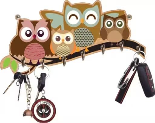 Owl Family Branch Wall Mounted Key Holder with 7 Hooks | Decorative Design, Wall Hanging, Entryway Organiser, Wooden Finish, Home Decor