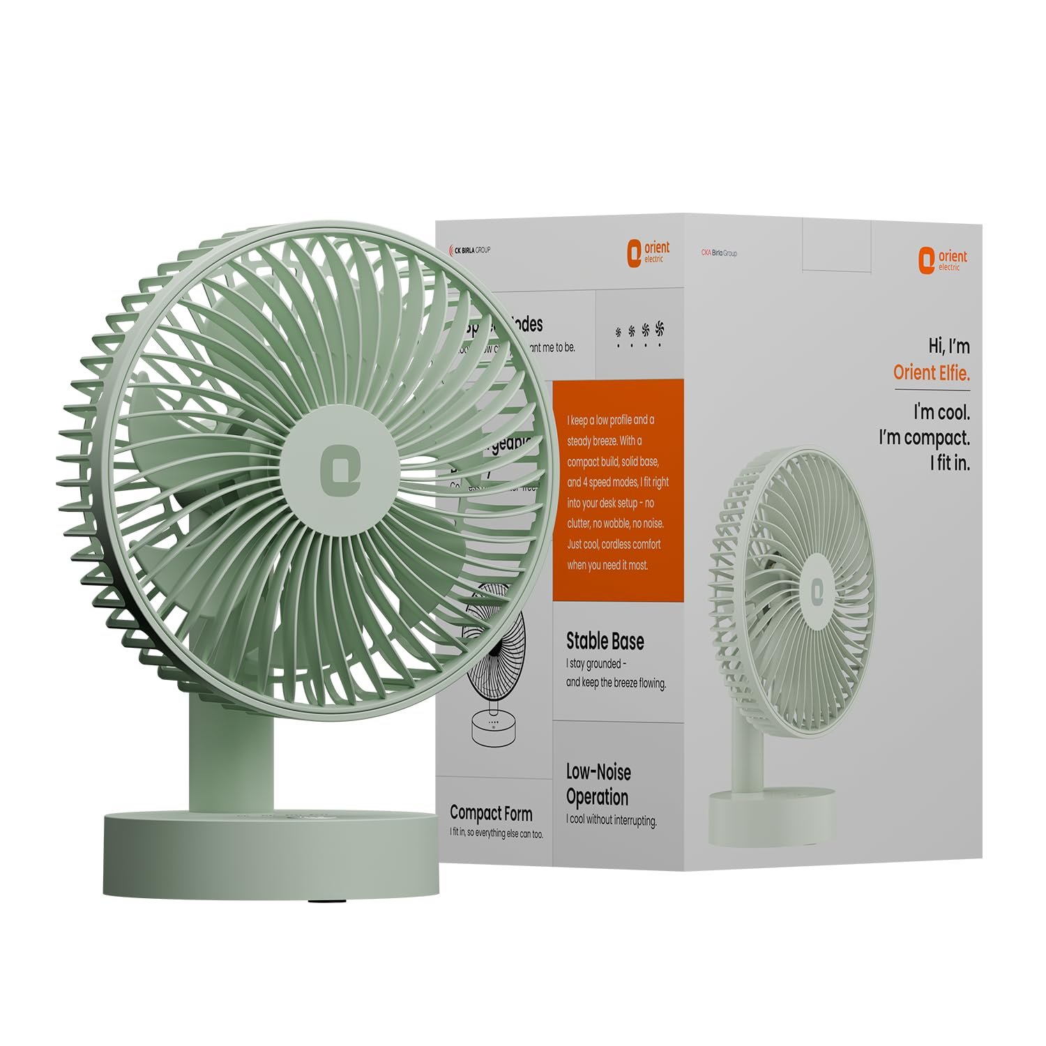 Orient Electric Elfie Rechargeable Personal Fan | 90° Adjustable Airflow | 1800 mAh Battery | 4 Speed Modes | Quiet Operation | USB Type-C Charging | Compact Mini Fan | Matcha Green