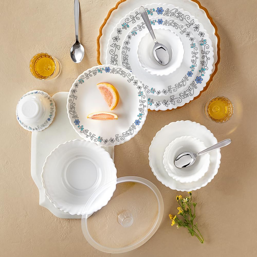 Larah by Borosil 41pc Opalware Silk Series Dinner Set with Steel Spono | for Family of 6 | Microwave & Dishwasher Safe | Bone-Ash Free | Crockery Set for Dining & Gifting | Plates & Bowls 