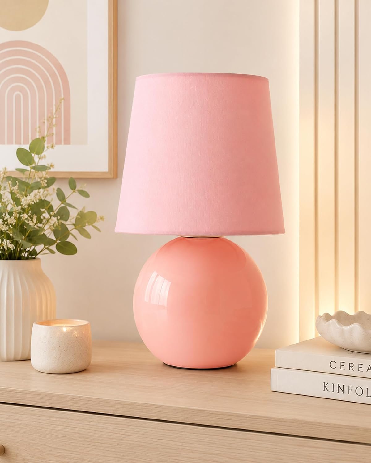 Homesake® Bedside Ceramic Incandescent Table Lamp,Classic Desk Lamp for Living Room Bedroom,Farmhouse Nightstand Lamps Round with Fabric Shade(Pink)