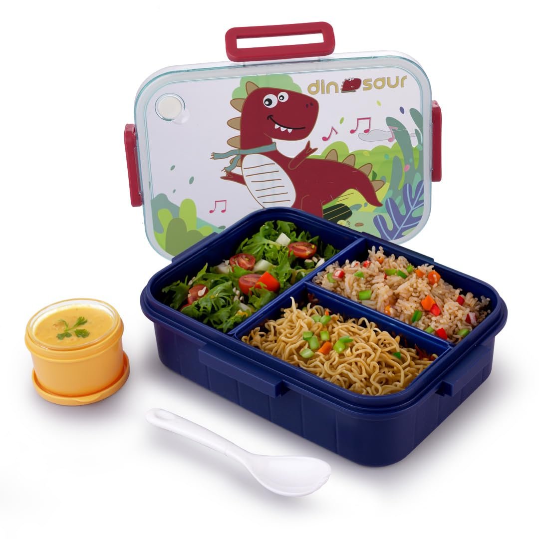 ATTRO Quick 3 Lunch Box Dinosaur Theme with Includes 3 Compartments, 1 Small Container & Baby Spoon, BPA-Free, Food-Grade Perfect for Kids - Dark Blue 1300ml, Plastic