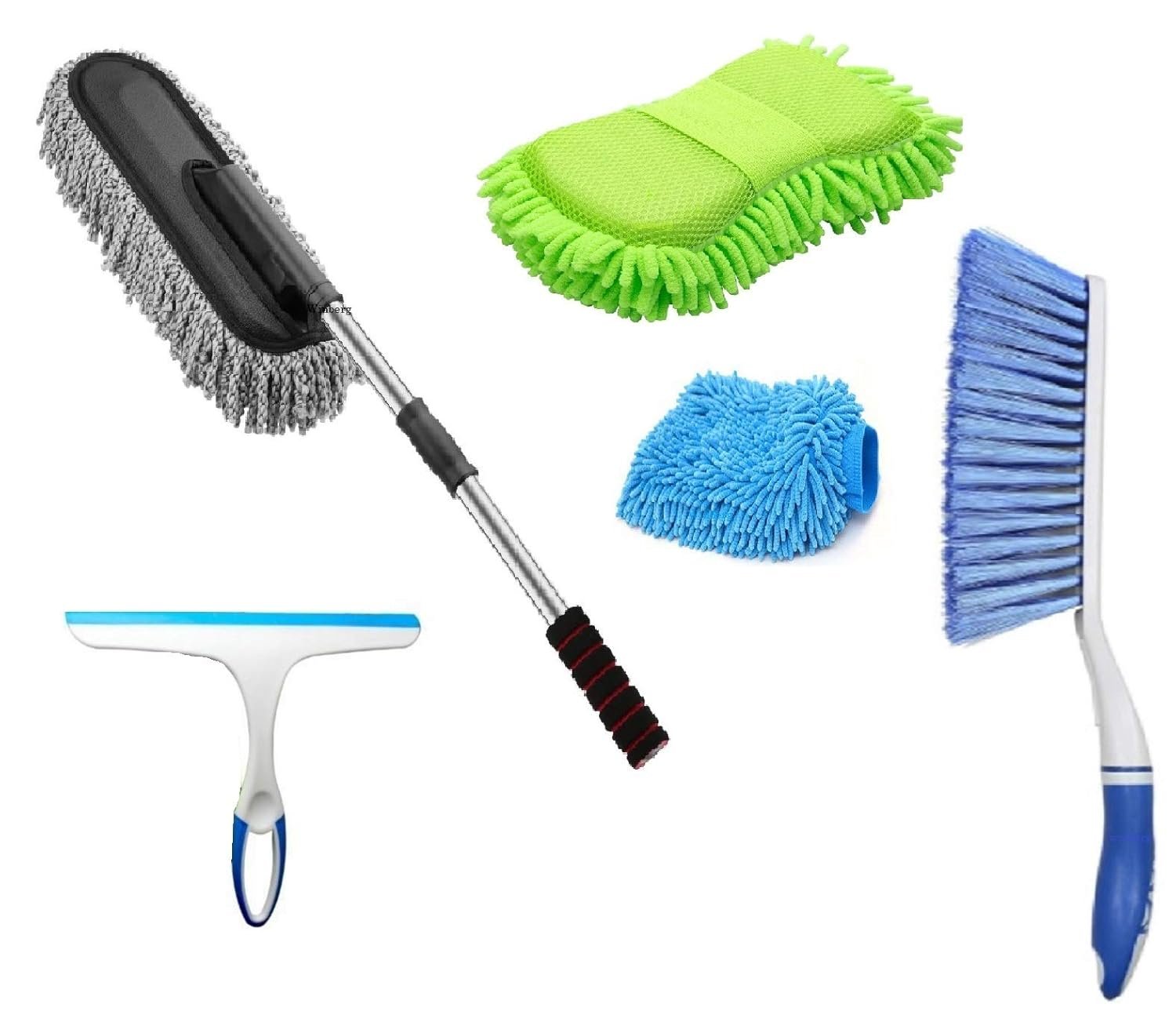 Winberg ® Car Cleaning Combo Pack Microfiber Duster Carpet Brush Washing Scurb Glass Wiper Microfibre Gloves Full Interior and Exterior Cleaning Kit - CarCLNG05