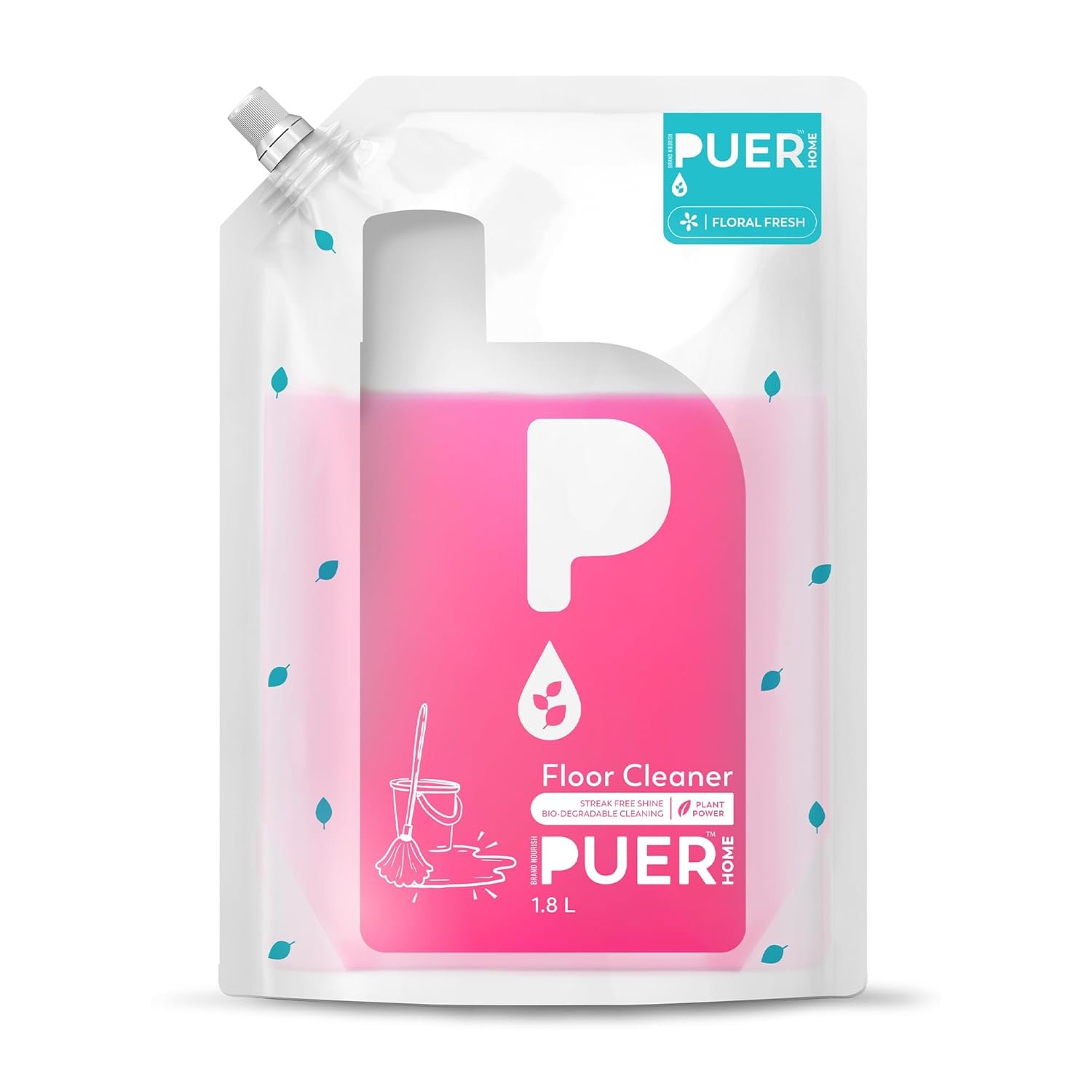 PUER Floor Cleaner Floral Fresh 1800ml Refill Pouch | Streak Free Shine, Kills 99.9% Germs
