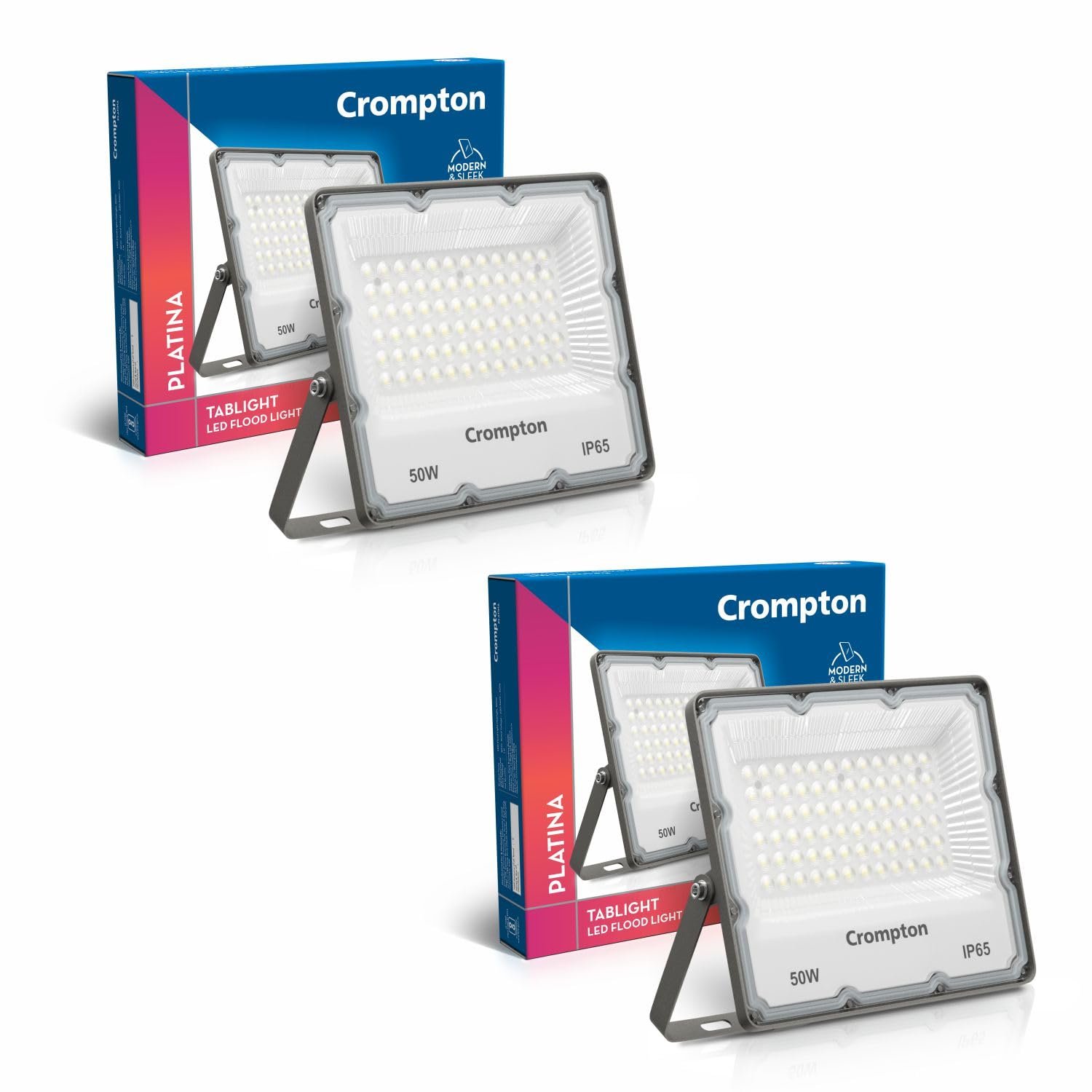 Crompton TabLight | Outdoor Waterproof LED Flood Lights | 50W | IP 65 | Cool White | Pack of 2 | Wide Beam Angle | BIS Approved | for Garage, Parking, Shops & Outdoor Lighting (2 Years Waranty)