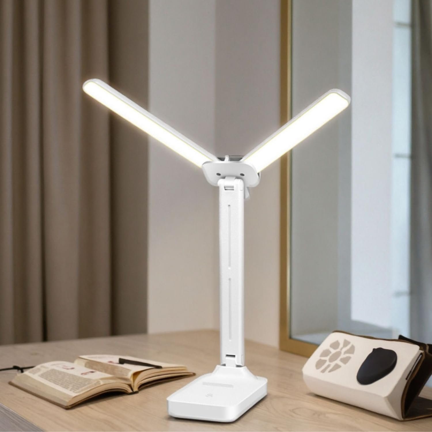One94Store Dual Head Rechargeable LED Table Lamp | 4.8W Power | 1200mAh Battery | Touch Control Dimmable Desk Light with Multiple Color Modes | USB Type-C Charging | 25.5 cm | White