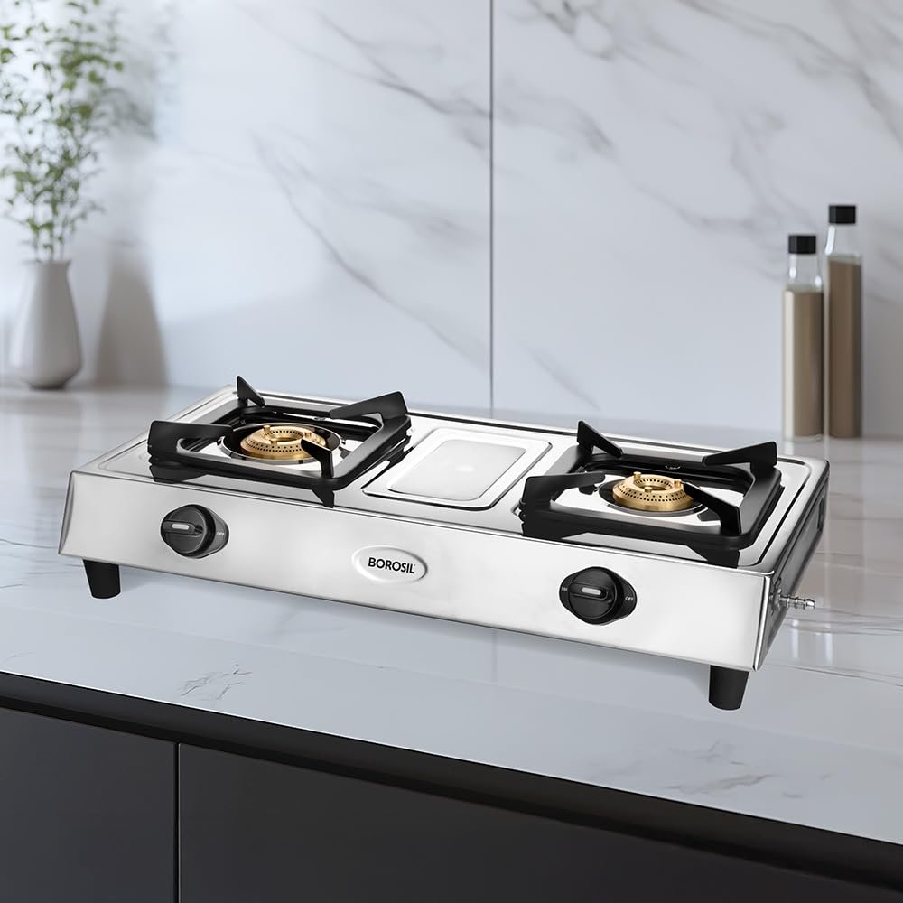 Borosil Smart Flame 2 Burner Stainless Steel Gas Stove | Brass Burner | LPG Gas Stove | Mannual Ignition | Dip Tray, Anti Skid Legs | 360⁰ revolving nozzle | High Effeciency Burner | 2 Years Warranty