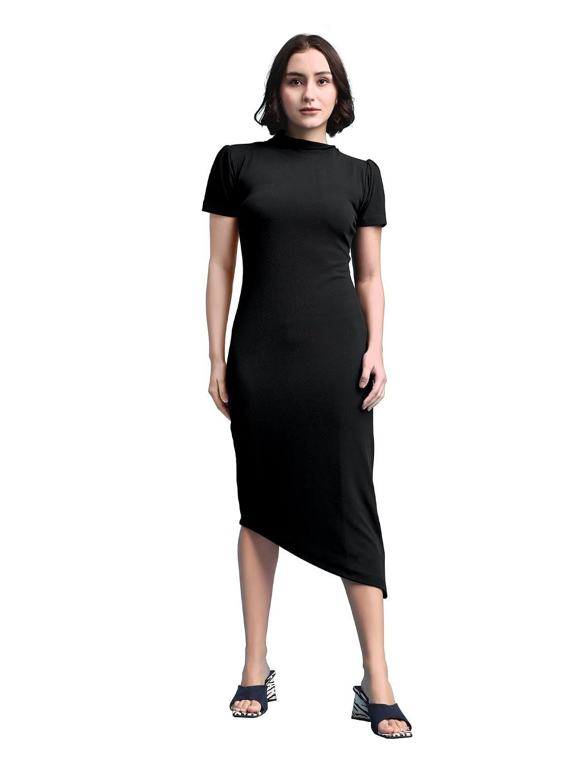 PURVAJA Women's Bodycon Midi Short Sleeve High Neck Solid Dress