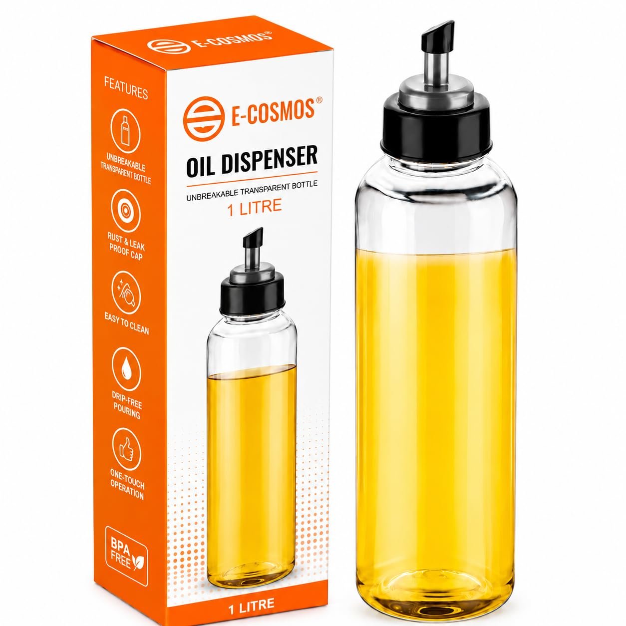 E-COSMOS® Food-Grade Plastic 1 litres Oil Dispenser for Cooking, Easy Flow Oil and Vinegar Bottle, Oil Pourer, Liquid Dispenser, Transparent, Unbreakable, Medium