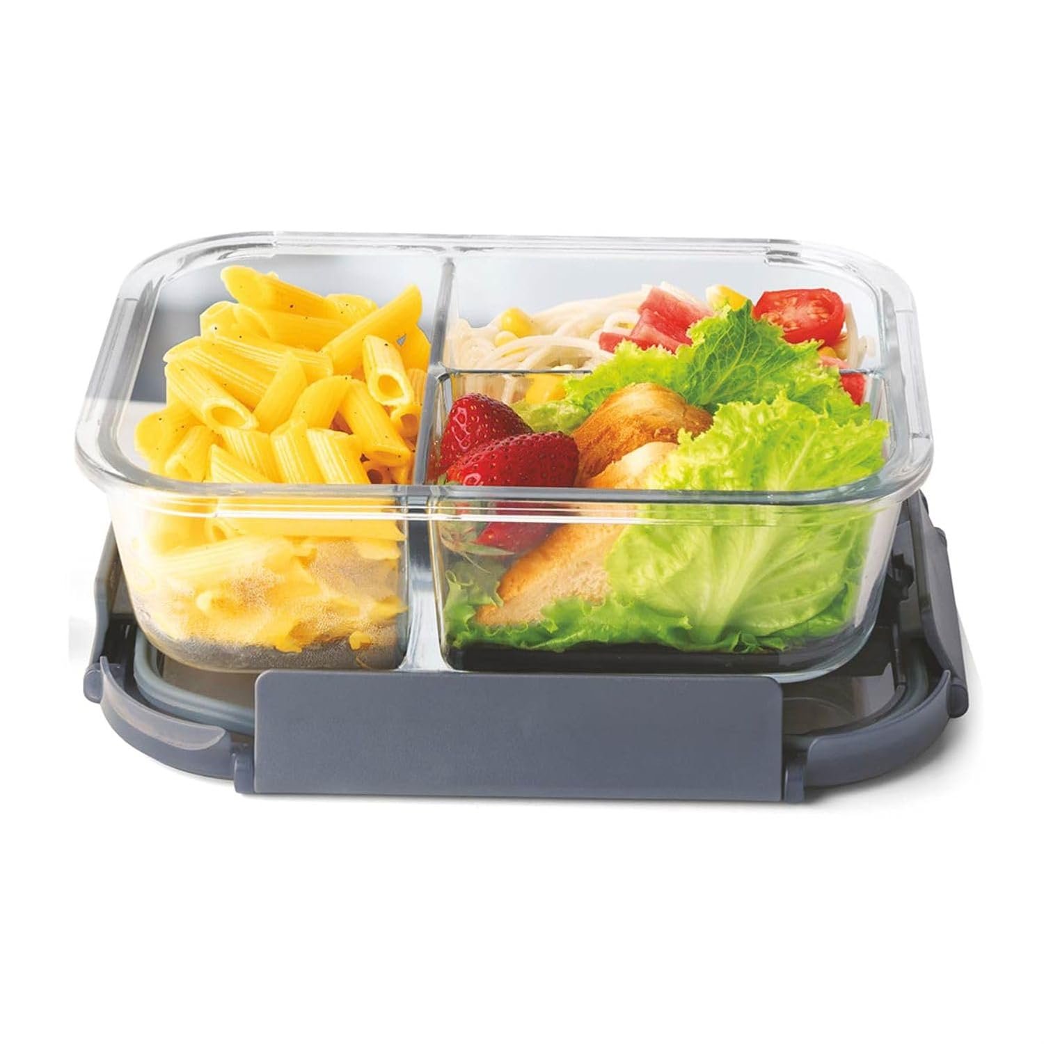 Signoraware Slim Borosilicate Glass Three Compartment Lunch box | Leakproof Silicone seal | Heat Resistant | Great for Office & outdoor Activities | Best for Storing Leftovers (1 Ltr | Clear)