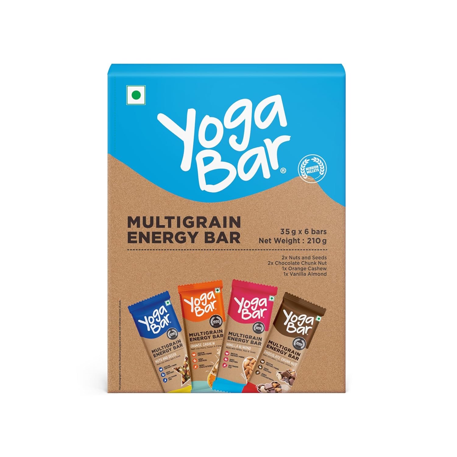 Yoga Bar Multigrain Energy Bar | 2x Nuts & Seeds, 2x Chocolate Chunk Nut, 1x Orange Cashew, 1x Vanilla Almond | Made with 100% Natural Ingredients & No Preservatives (Pack of 6, 35g Each)