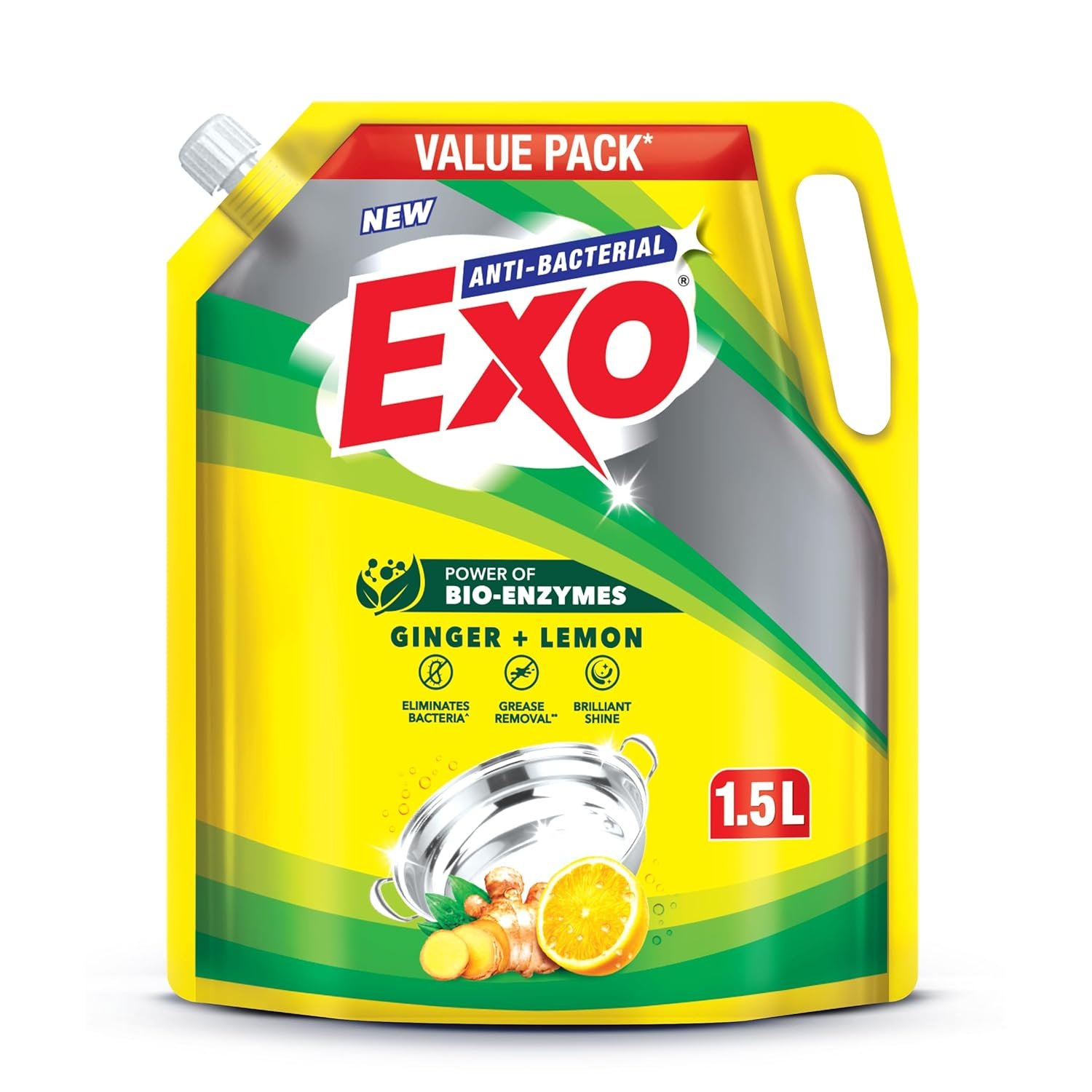 Exo Anti-Bacterial Liquid Dishwash Gel - 1.5L Value Pack| Anti-Bacterial Formula with Ginger & Lemon for Sparkling Clean Utensils |Powered with Bio Enzymes for Tough Grease Removal & Brilliant