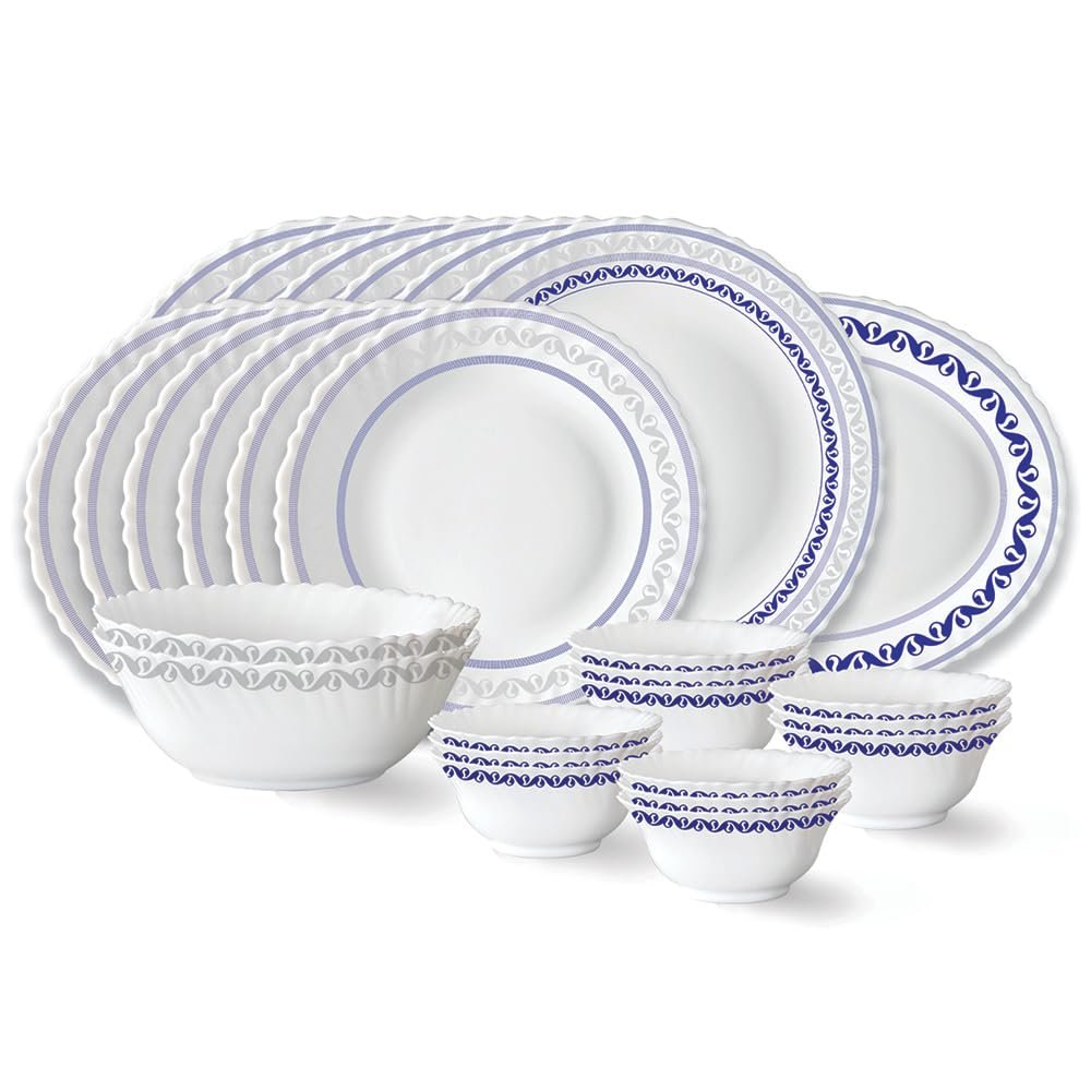 Larah by Borosil Jazzblue Fluted Series Opalware Dinner Set | 27 Pieces for Family of 6 | Microwave & Dishwasher Safe | Bone-Ash Free | Crockery Set for Dining & Gifting | Plates & Bowls |