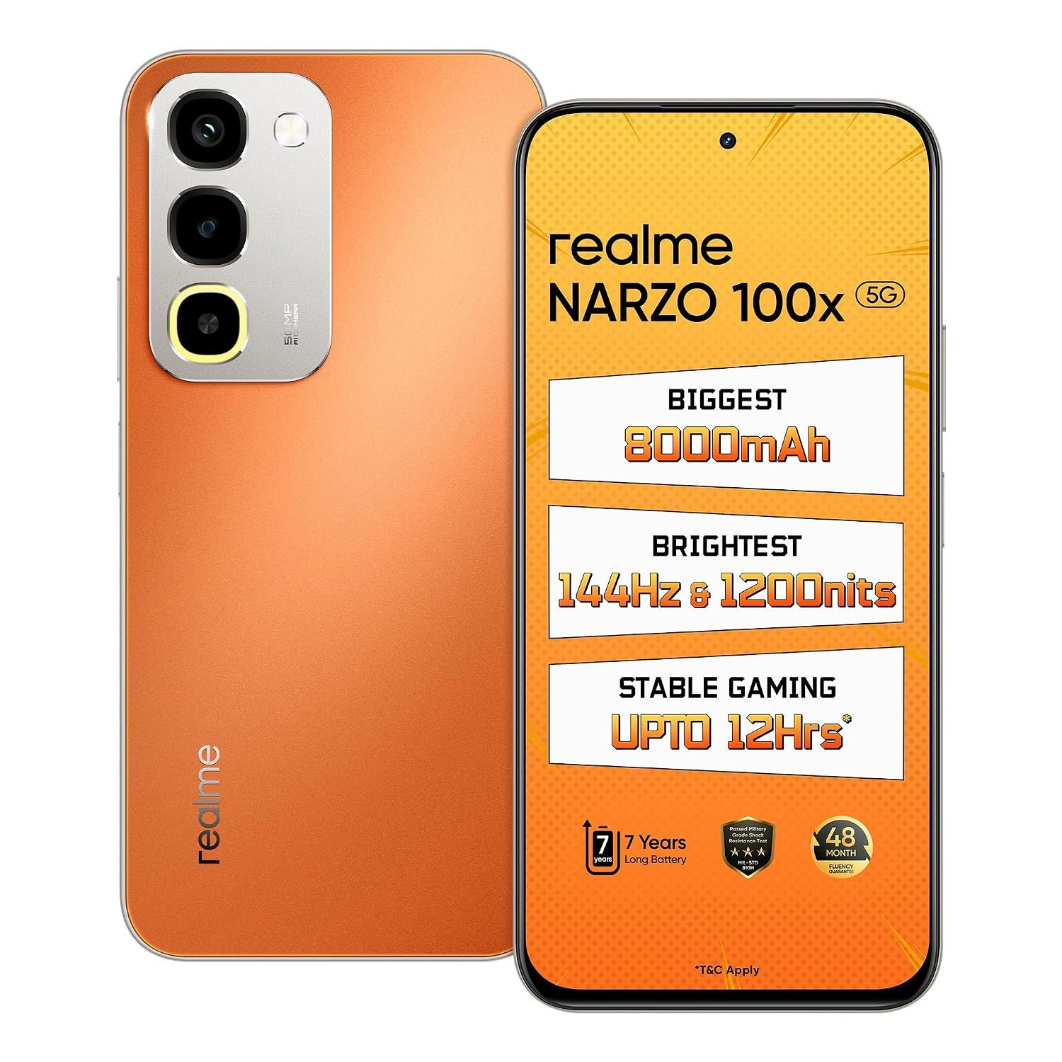 realme NARZO 100x 5G (Flash Orange,6GB+128GB) | Biggest 8000mAh Battery | 45W Fast Charge | 144Hz, 1200nits Bright Display | 7 Years Battery Health | Military-Grade Resistance | 48-Month Fluency