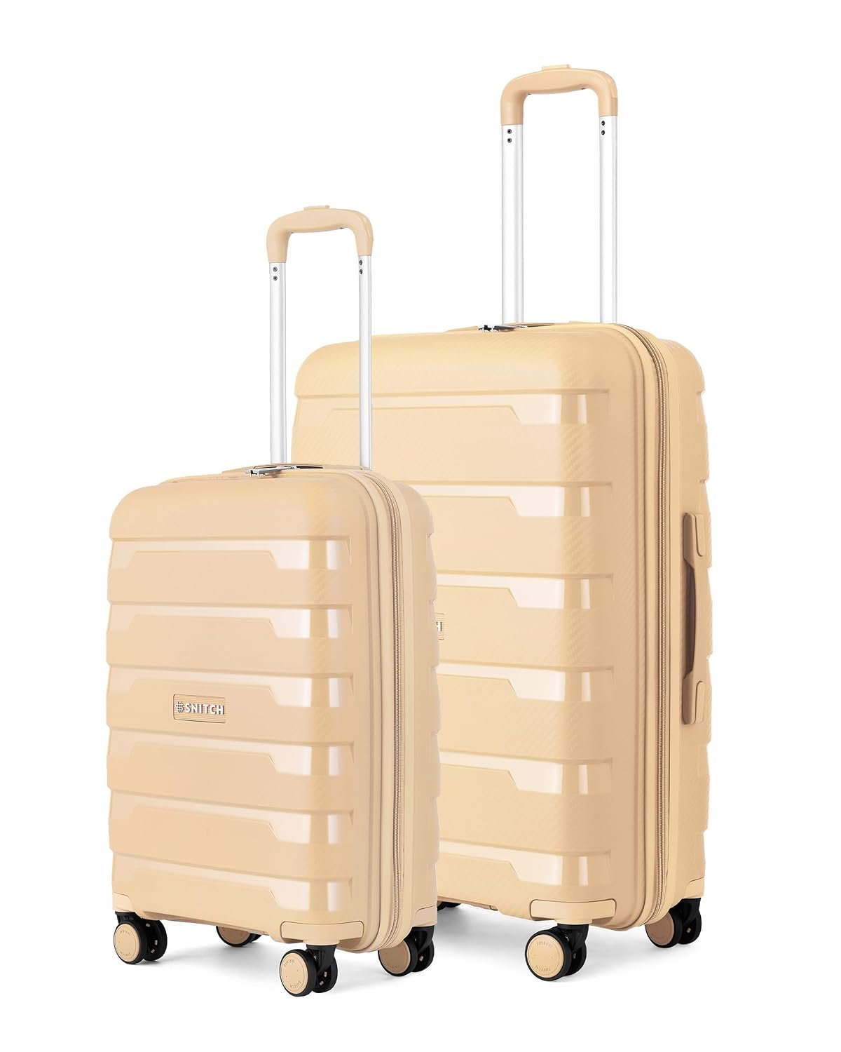 SNITCH Layer 2Pc Set Beige Polypropylene Hard Travel Suitcase - Trolley Bag Set of 2 & Luggage with 8 Wheels, Premium Lock, Wet & Dry Pouch & Free Shoe Bag