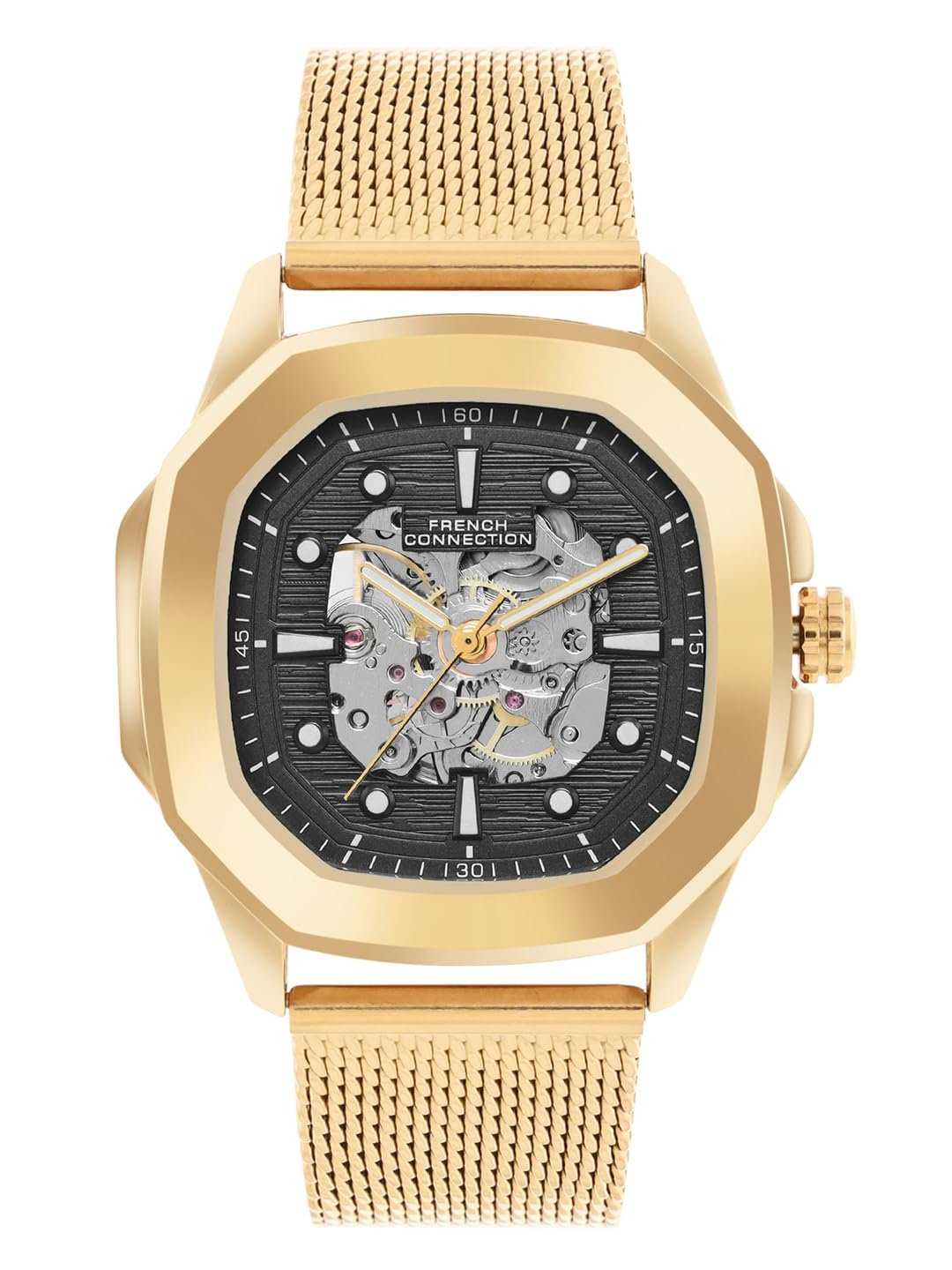 French Connection Nabob Automatic Black Square Dial Stainless Steel Mesh Strap | Casual | Premium | Brush Feature | Wrist Watch for Men - FCA13GM