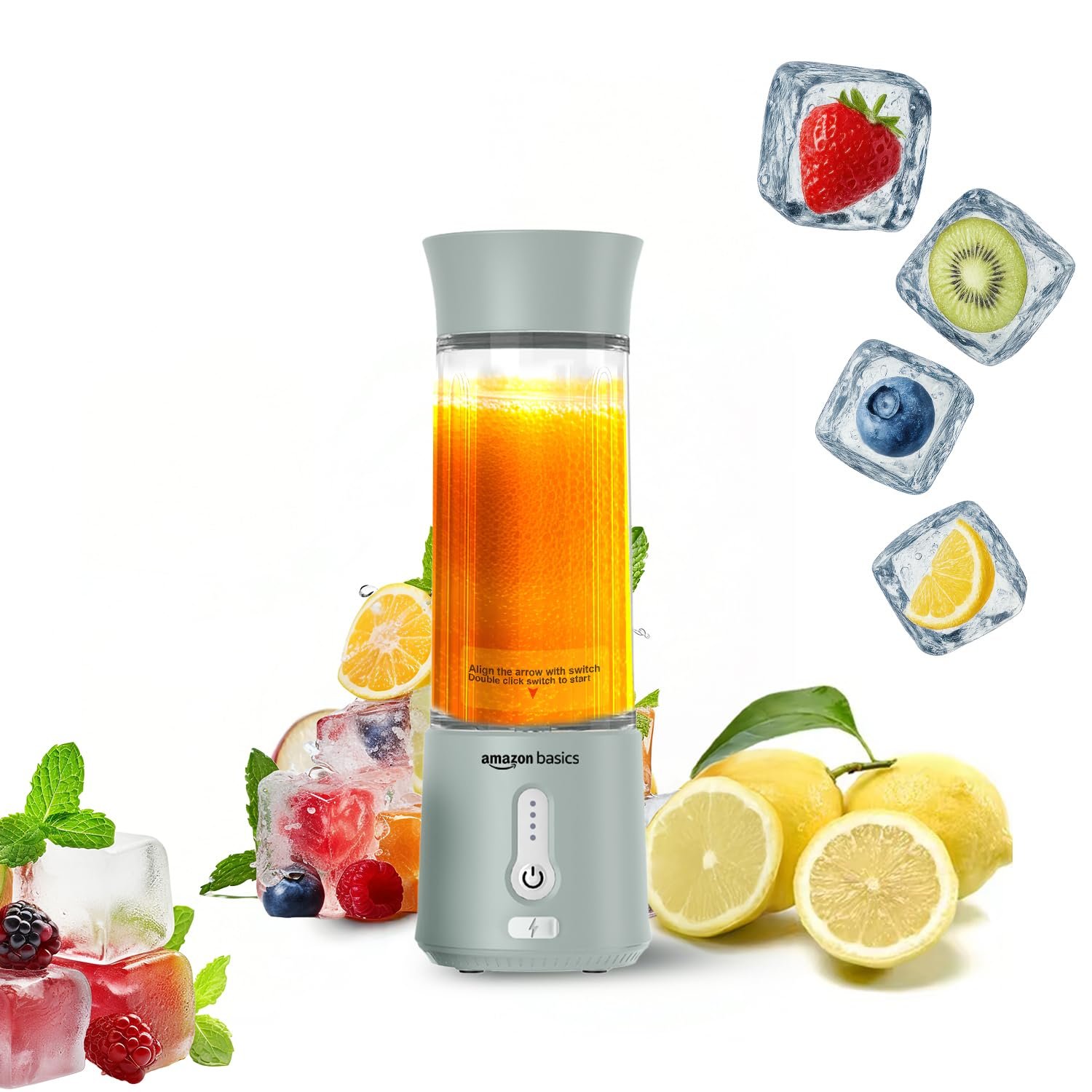 Amazon Basics Portable Hand Blender for Smoothies & Juices | USB Rechargeable | 6 Stainless Steel Blades | 500 ml Food Grade Jar | 1 year Warranty | 2x2000 mAh Batteries (Saga Green)