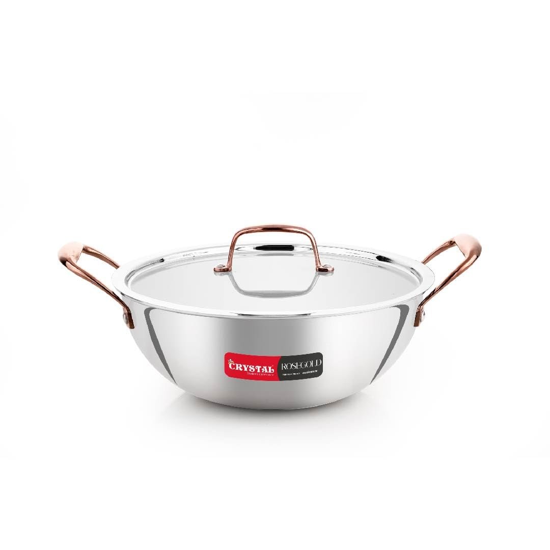 Crystal TriPro -Triply Stainless Steel Extra Deep Kadai with Lid - 26 cm (Induction Bottom), with Rose Gold Handle (CTP-EDK-003A)