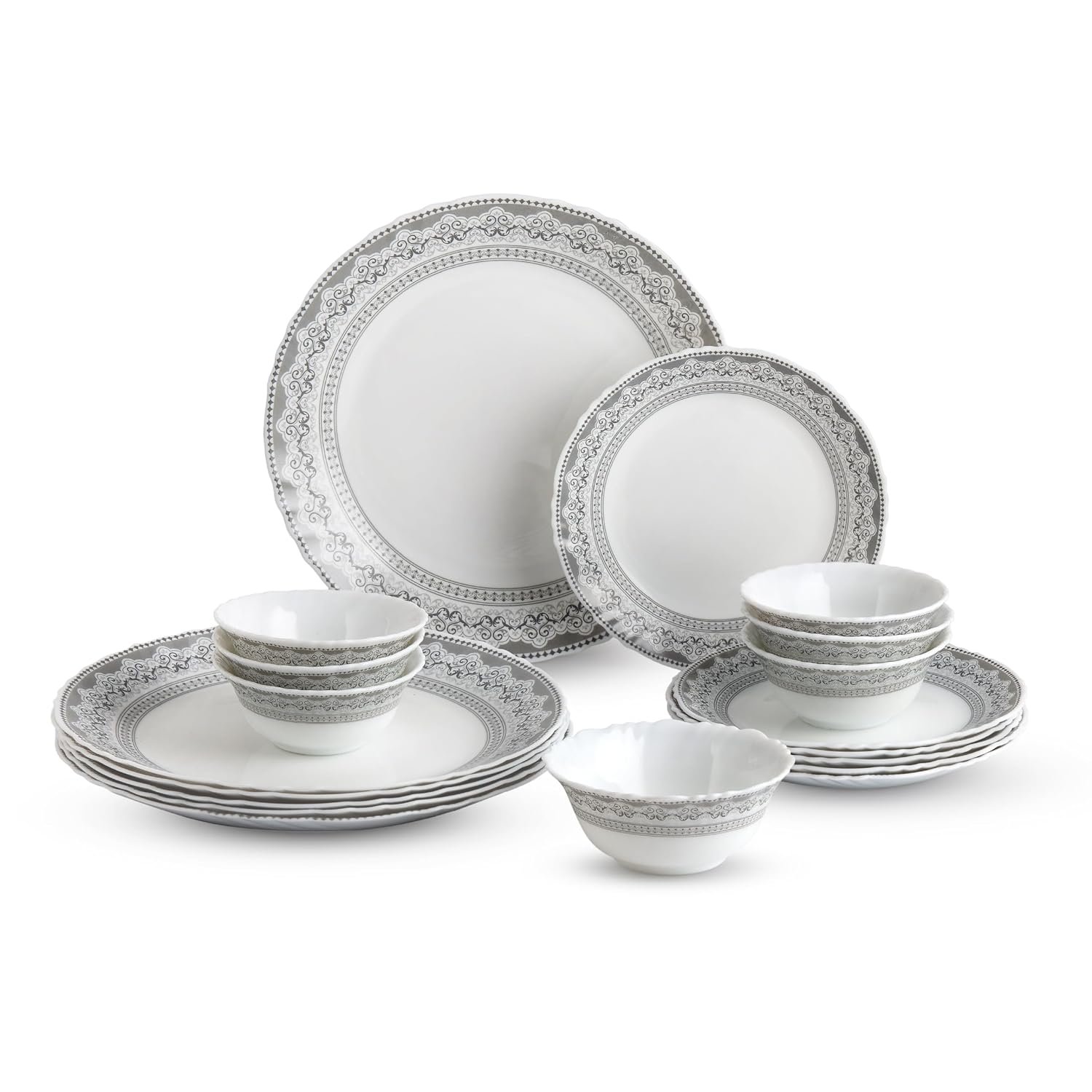 CELLO Oxford Imperial Plus Series Opalware Dinner Set of 19 Piece For Family of 6 | Bone-Ash Free & Leadfree Opal Glass Microwave & Dishwasher Safe, Crockery Plates & Bowls Set For Daily U