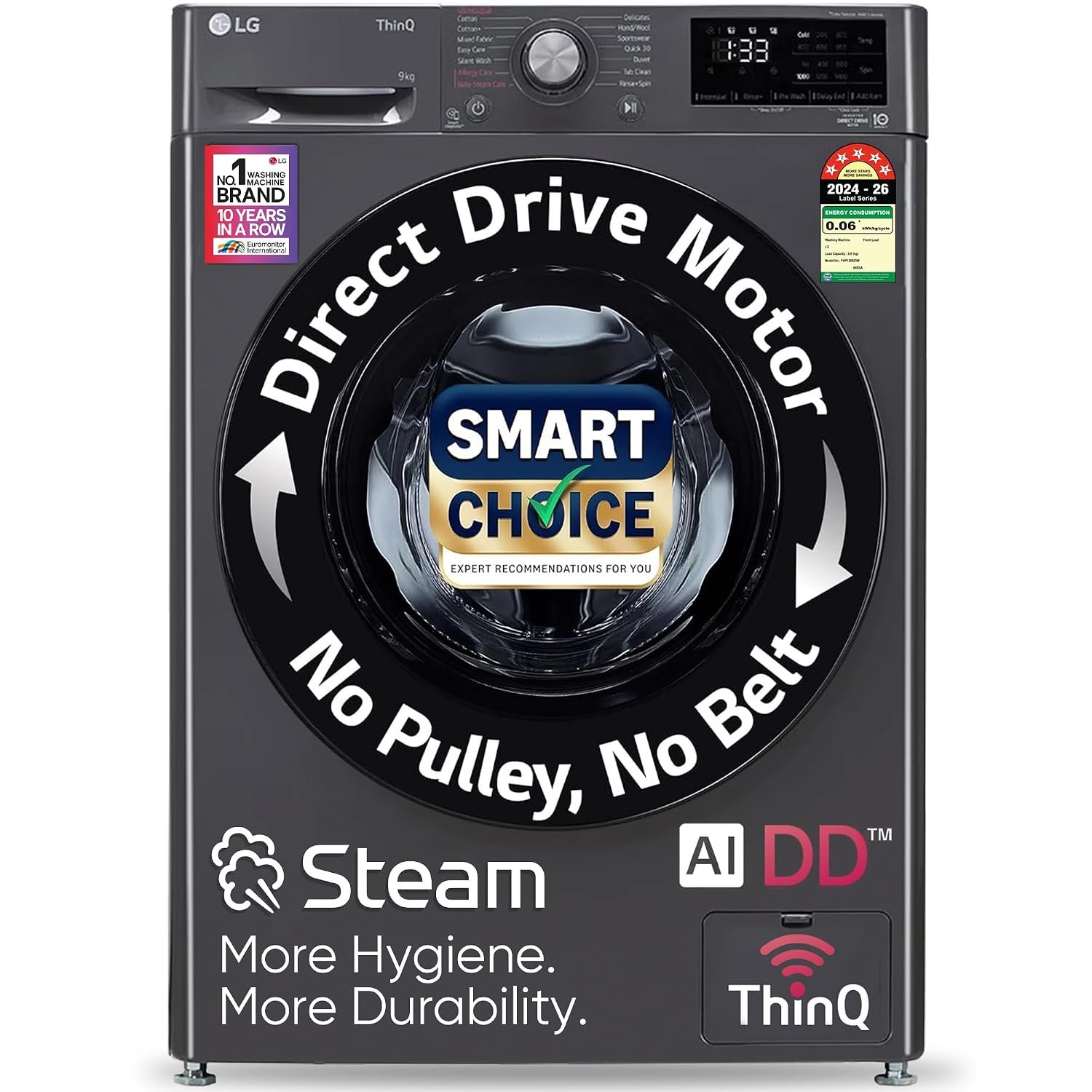 LG Smart Choice, 9 Kg, 5 Star, AI Direct Drive Technology, Steam, 6 Motion DD & Wi-Fi Fully-Automatic Front Load Washing Machine (FHP1209Z5M, Intelligent & Convenient Fabric Care, Middle Black
