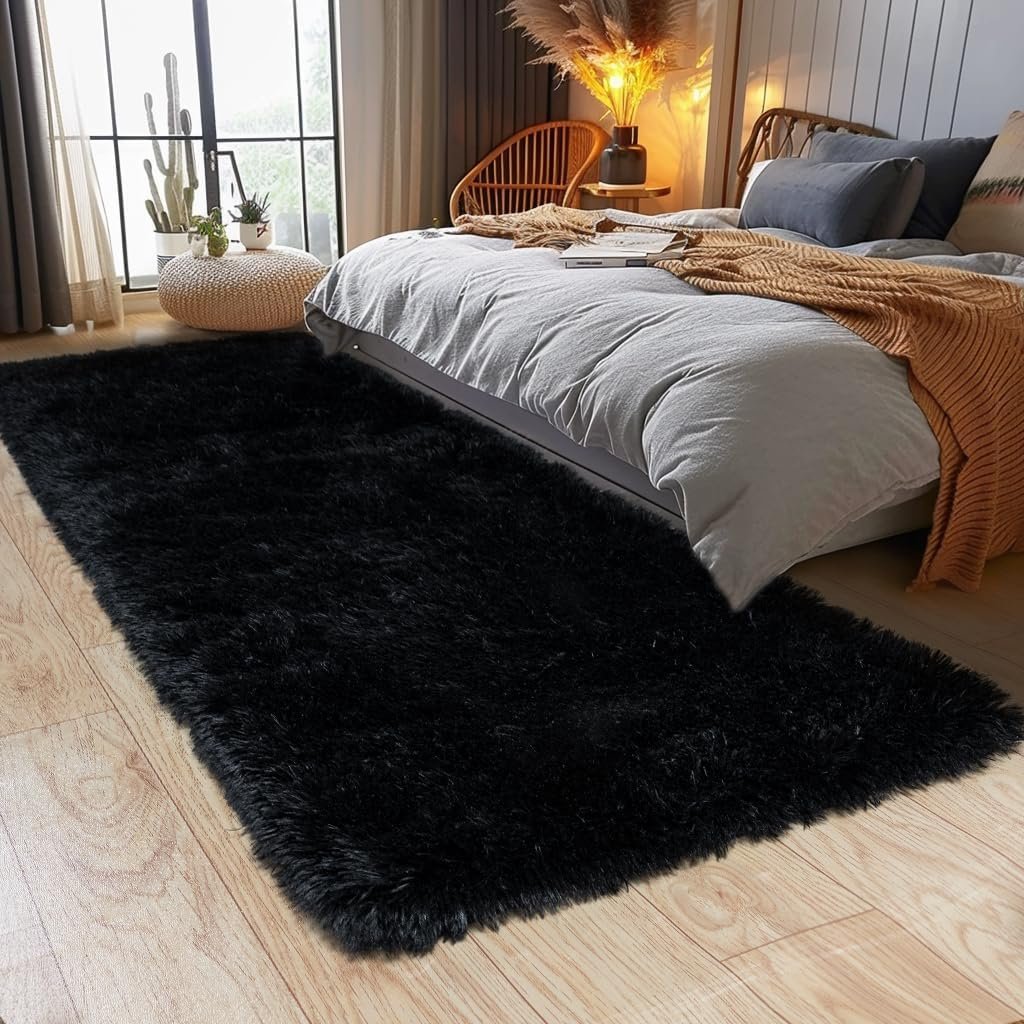 Naze Carpet for Hallway, Kitchen, and Modern Interiors, Contemporary Color Block Area Rug – Cozy Shag Runner for Living Room, Entryway & Office Décor ETC Size 16x24 Inch, Patten-Solid Black