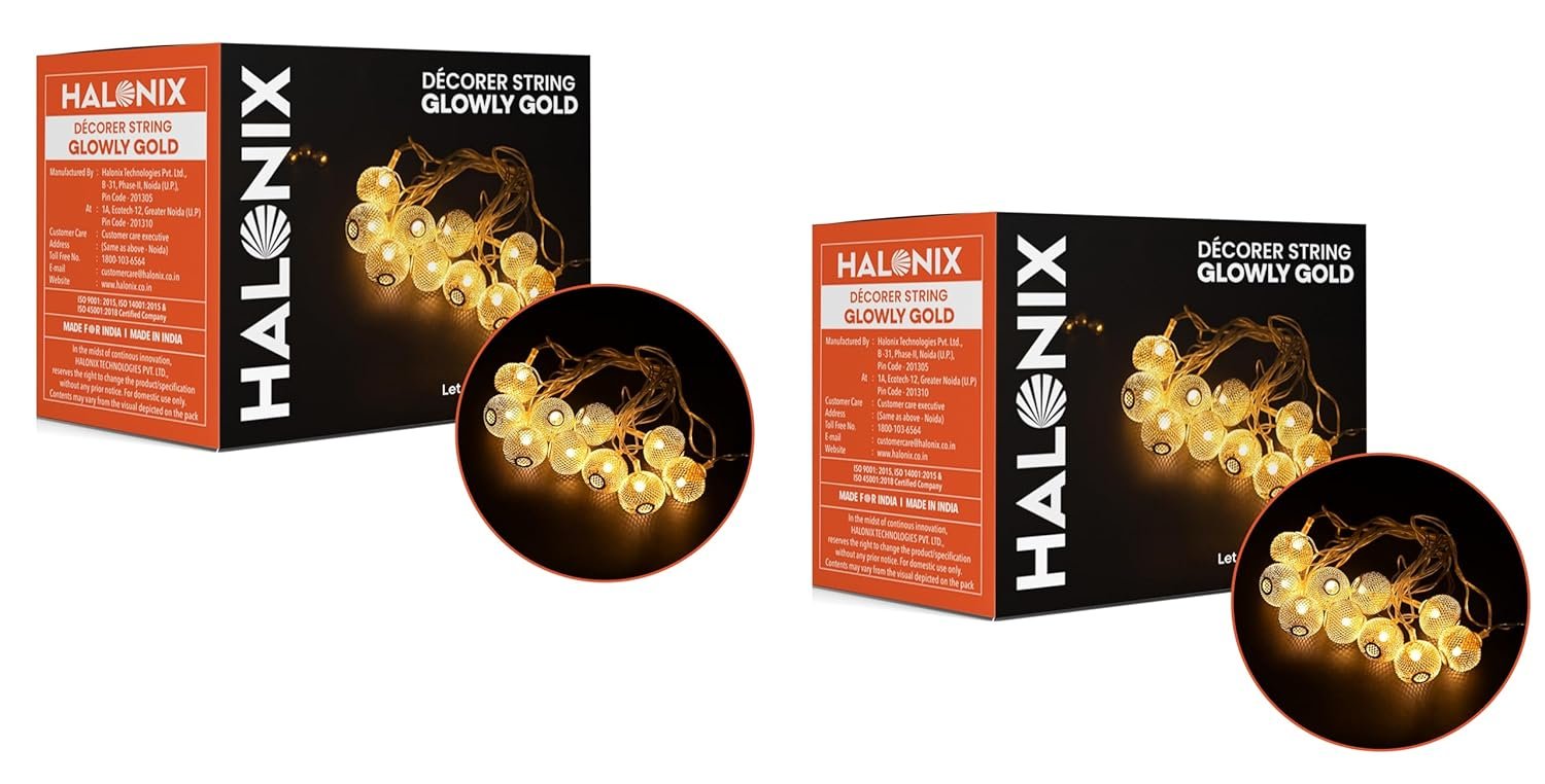 Halonix Decorer Glowly Gold 15 Bright Led String Light | Diwali Light | Christmas Light | Wedding Light | Festive Lights for Home Decoration (Warm White, 4 Meters, Pack 2)