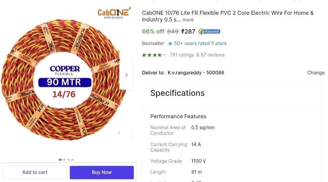 CabONE 10/76 Lite FR Flexible PVC 2 Core Electric Wire For Home & Industry 0.5 sq/mm Red, Yellow 91 m Wire Price in India - Buy CabONE 10/76 Lite FR Flexible PVC 2 Core Electric Wire For Home &