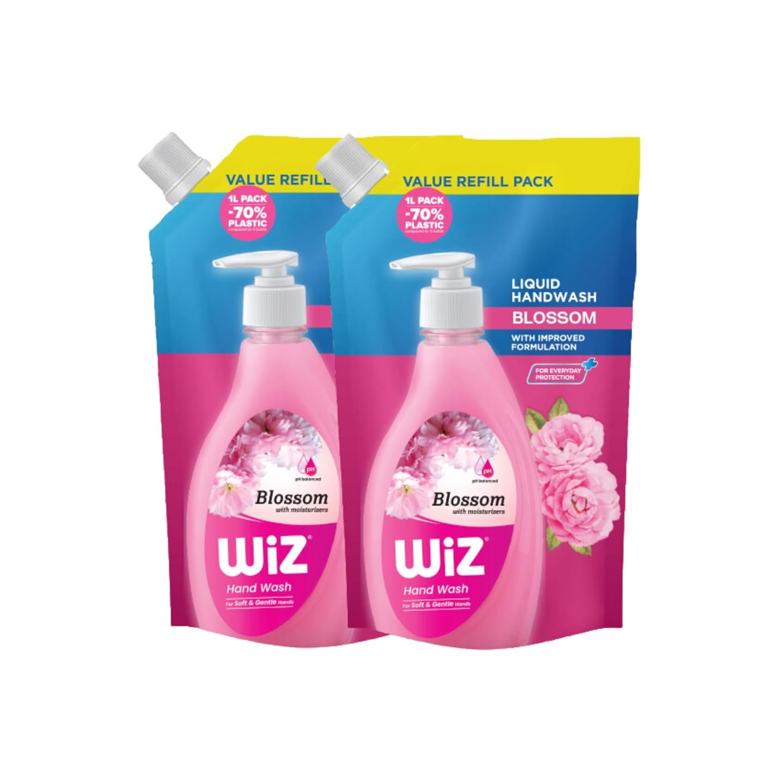 Wiz Blossom Hand Wash Refill Pouch - 1L (Pack of 2) | Floral Fragrance for Lasting Freshness| Germ Protection | pH Balanced | 70% Less Plastic | Gentle Everyday Hand Care