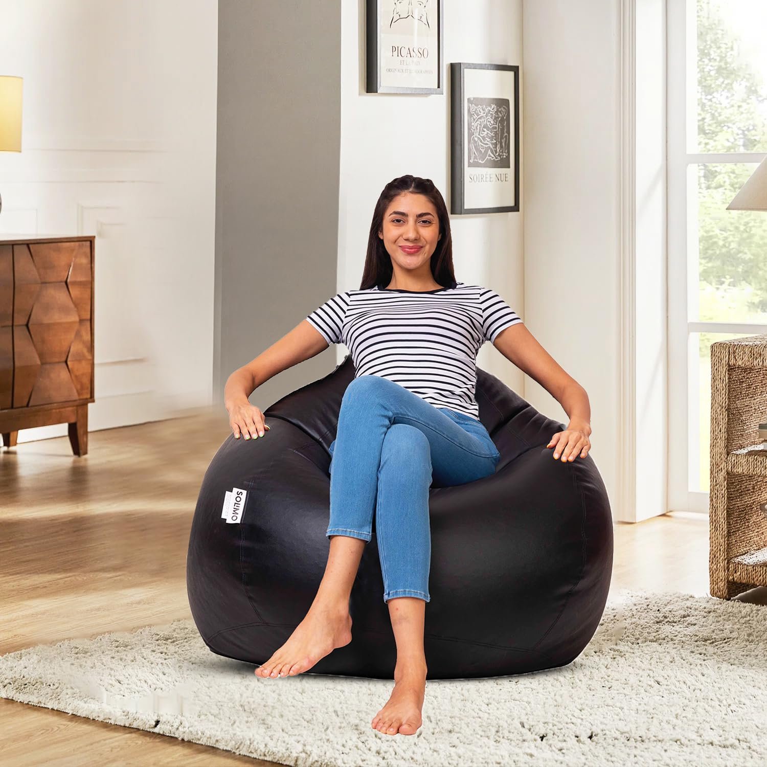 Amazon Brand - Solimo Bean Bag Cover 4XL Without Beans, Faux Leather Bean Bags Cover with Handle & Zipper, Bean Bag Cover for Living Room & Bedroom (Black)