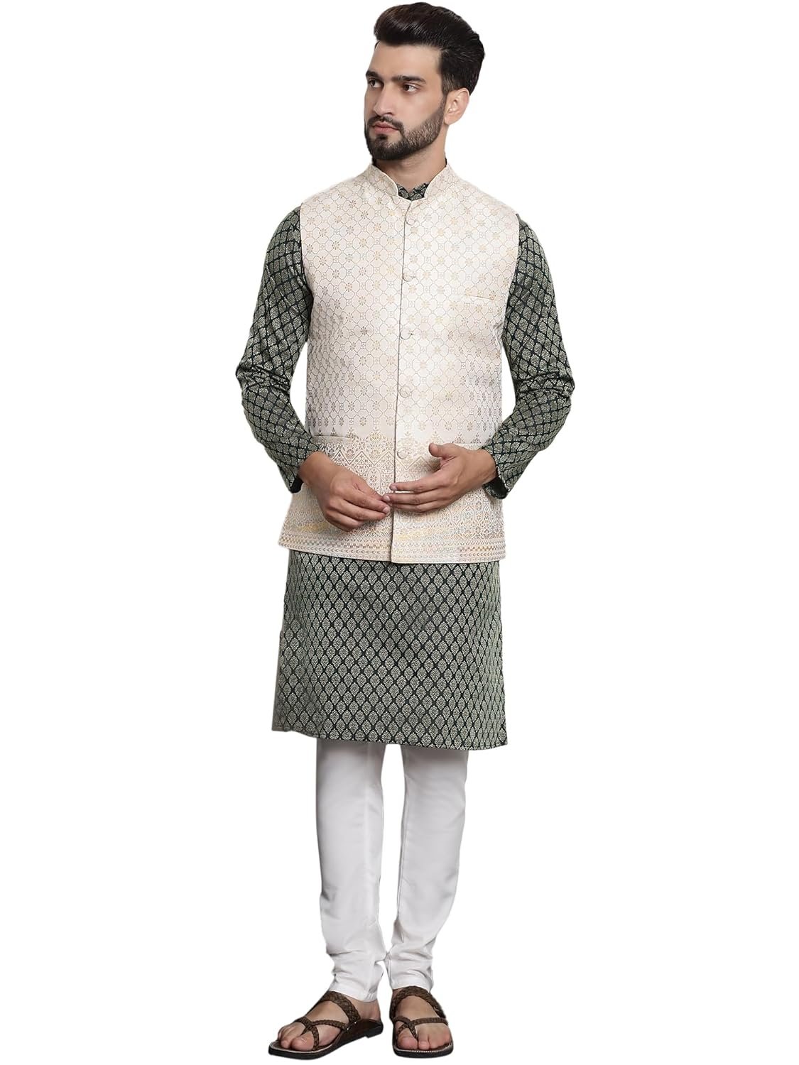 SOJANYA (Since 1958 Men's Jacquard Silk Kurta and Pyjama with Nehru Jacket