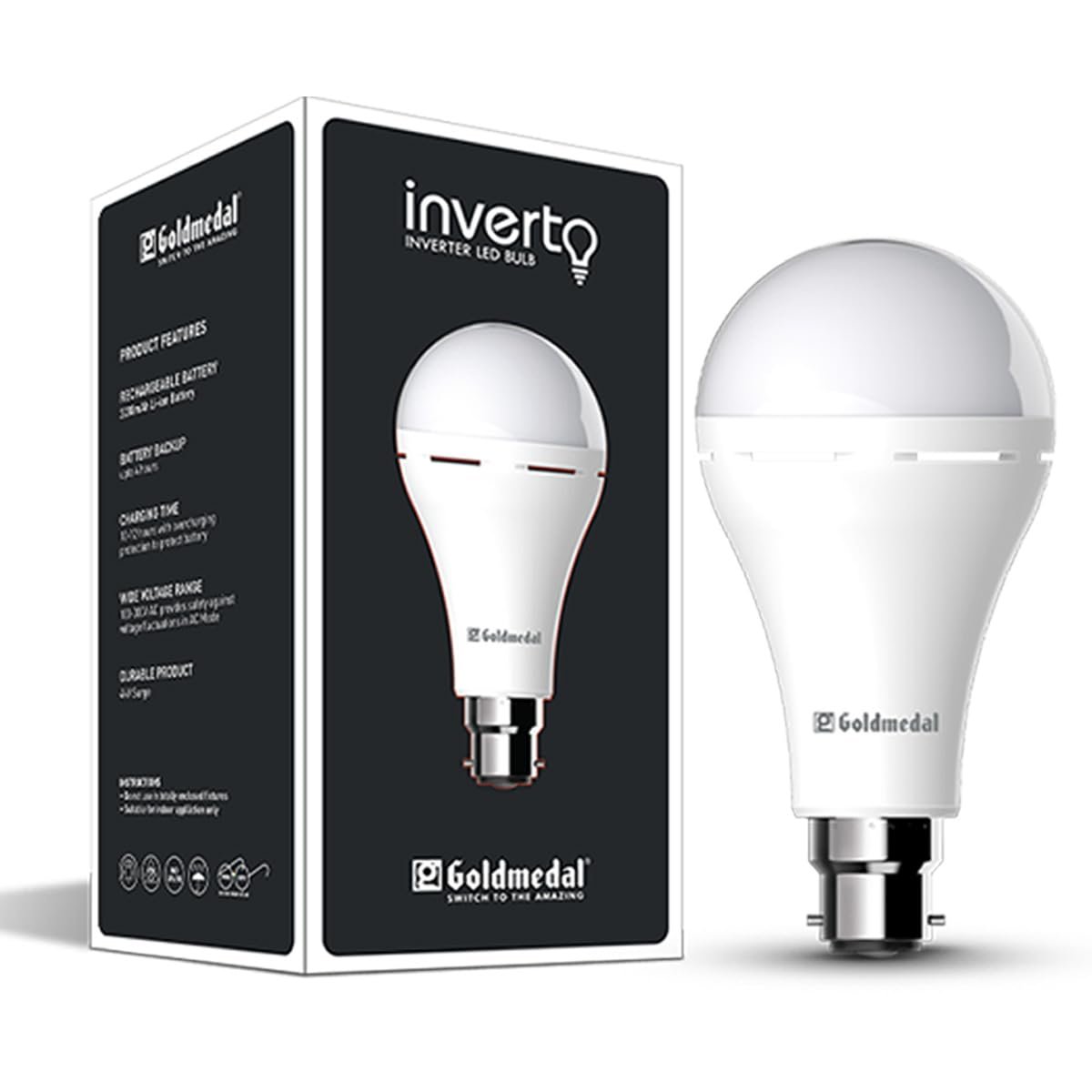 Goldmedal Inverto 12W Emergency Rechargeable LED Bulb | 2200mAh Battery | With 4 Hours Battery Backup |Ideal for Power Cuts | Energy-Efficient Inverter Bulb for Home & Shops | Cool Daylight (6500K