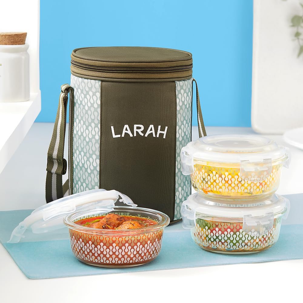 Gracia Borosilicate Glass Lunchbox with Bag | 3pc Round Container Set (400 ml Each) | Microwave & Dishwasher Safe, Leakproof | Tiffin for Office, School, College | Green