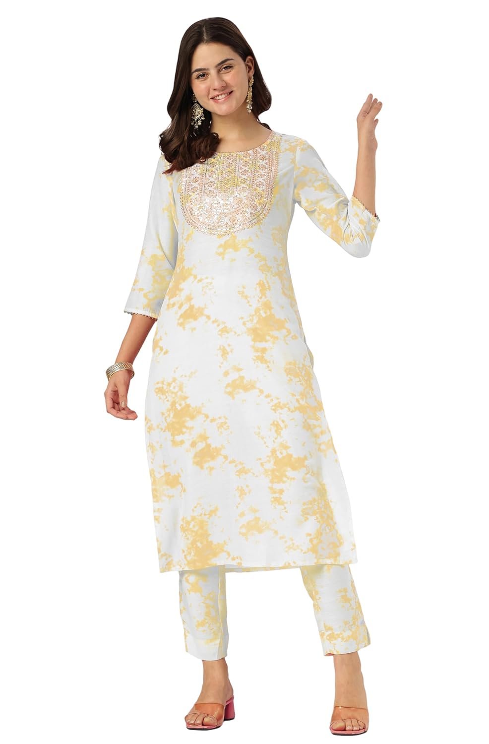 Janasya Women's Yellow Silk Blend Tie & Dye Yoke Embroidered Straight Kurta Pant Set