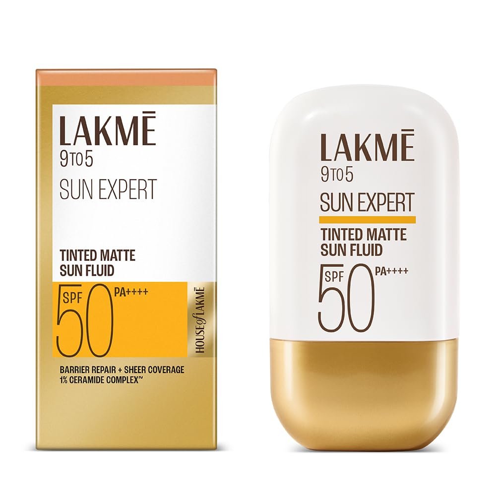 Lakme Sun Expert Tinted Dry Matte Sunscreen Fluid SPF 50+ PA++++ | 1% Ceramide Complex for Skin Barrier Repair | Sheer Coverage Foundation Like Finish – Bronze (50ml)