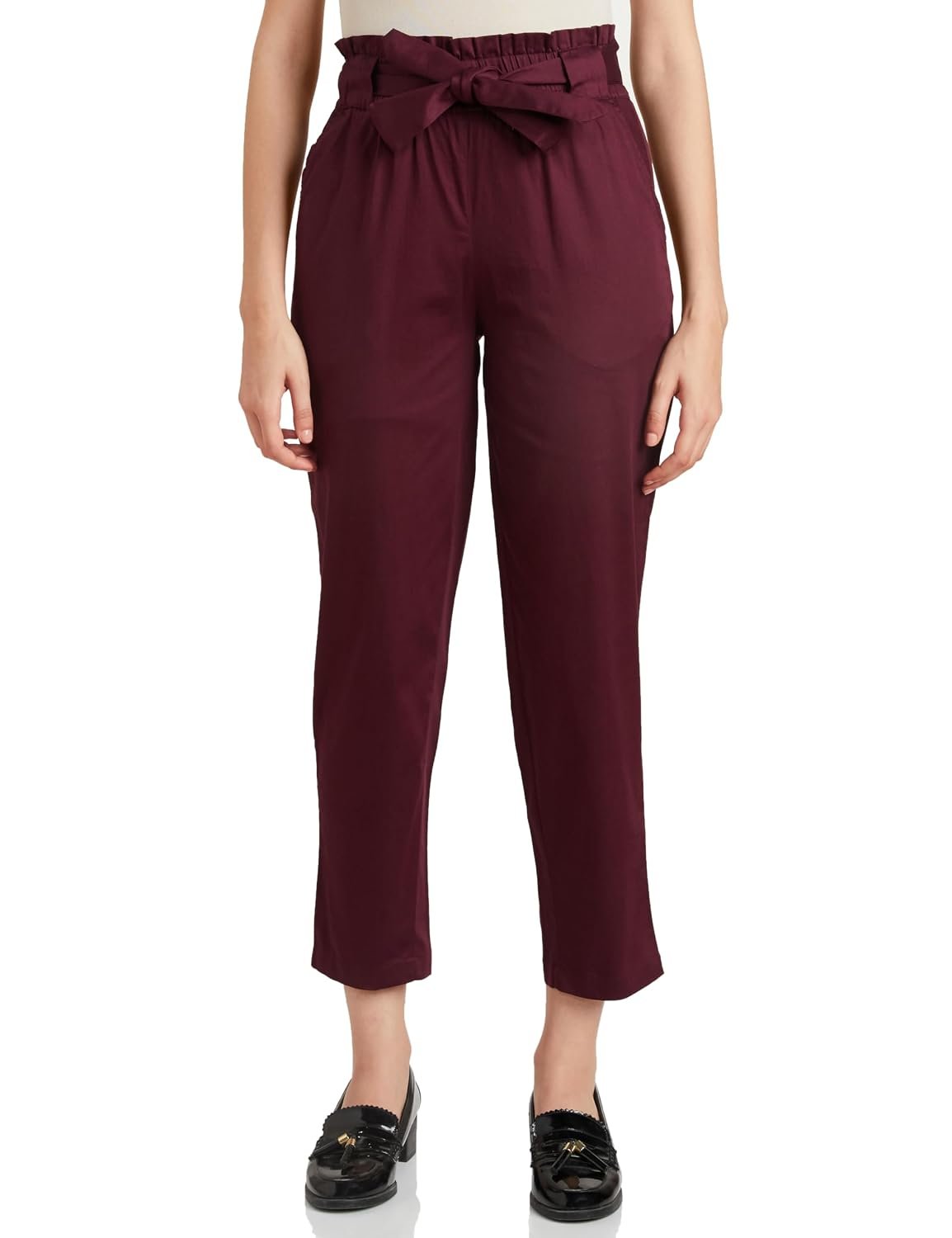Amazon Brand - Symbol Women Tapered Paper Bag Trousers (High Rise Ankle Length | with Self Fabric Belt) (Available in Plus Sizes)