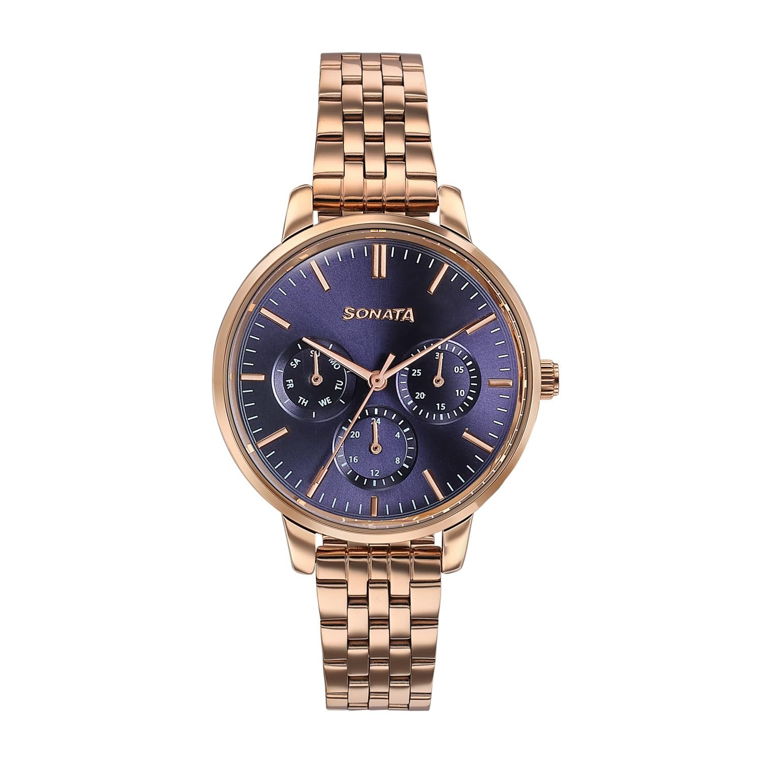 Sonata Verve Quartz Analog with Navy Blue Dial Rose Gold Sheet Metal Strap Watch for Women - 87102WM01