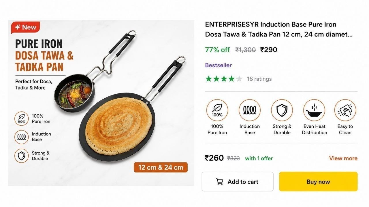 ENTERPRISESYR Induction Base Pure Iron Dosa Tawa & Tadka Pan 12 cm, 24 cm diameter 0.3 L, 1 L capacity Price in India - Buy ENTERPRISESYR Induction Base Pure Iron Dosa Tawa & Tadka Pan 12 cm, 