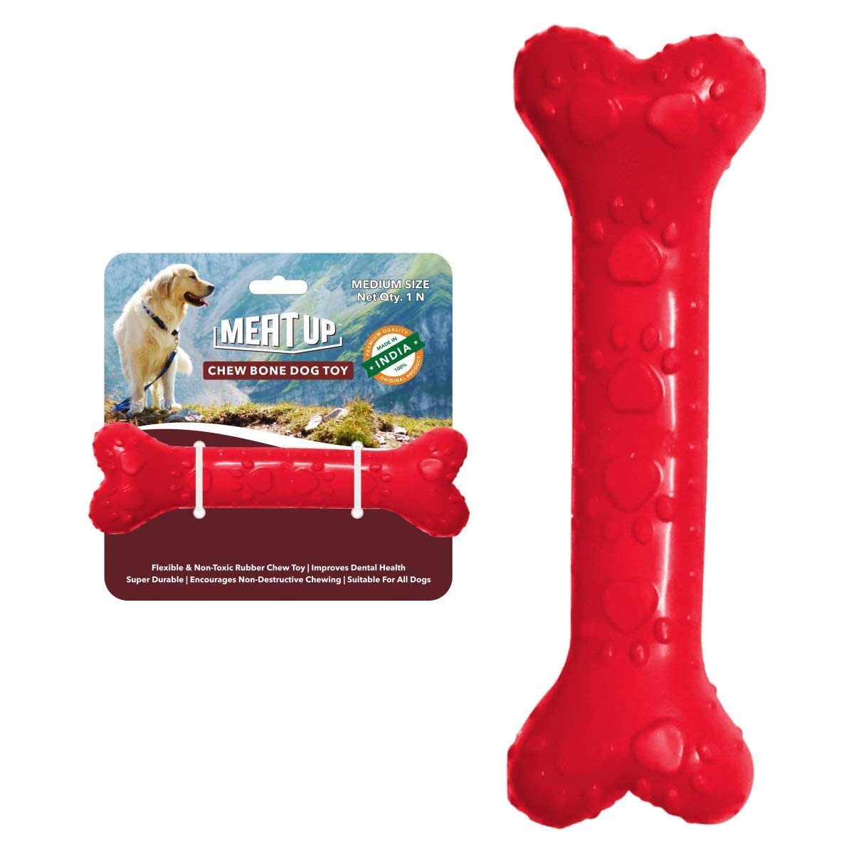 Meat Up Non-Toxic Rubber Dog Chew Bone Toy, Puppy/Dog Teething Toy (Medium) - 5 inches