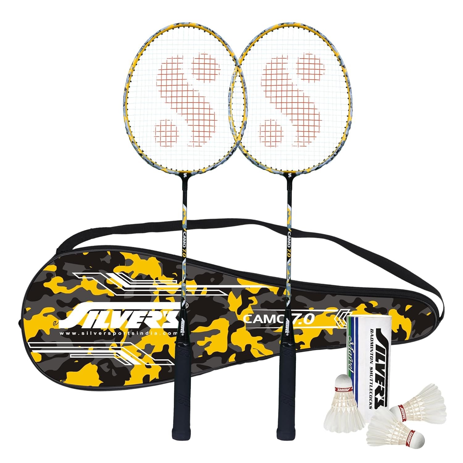 Silver's Aluminium Camo 7.0 Badminton Kit (2 Racquets with Full Cover, 1 Box Feather Shuttlecock Pack of 3)(Yellow/Black)