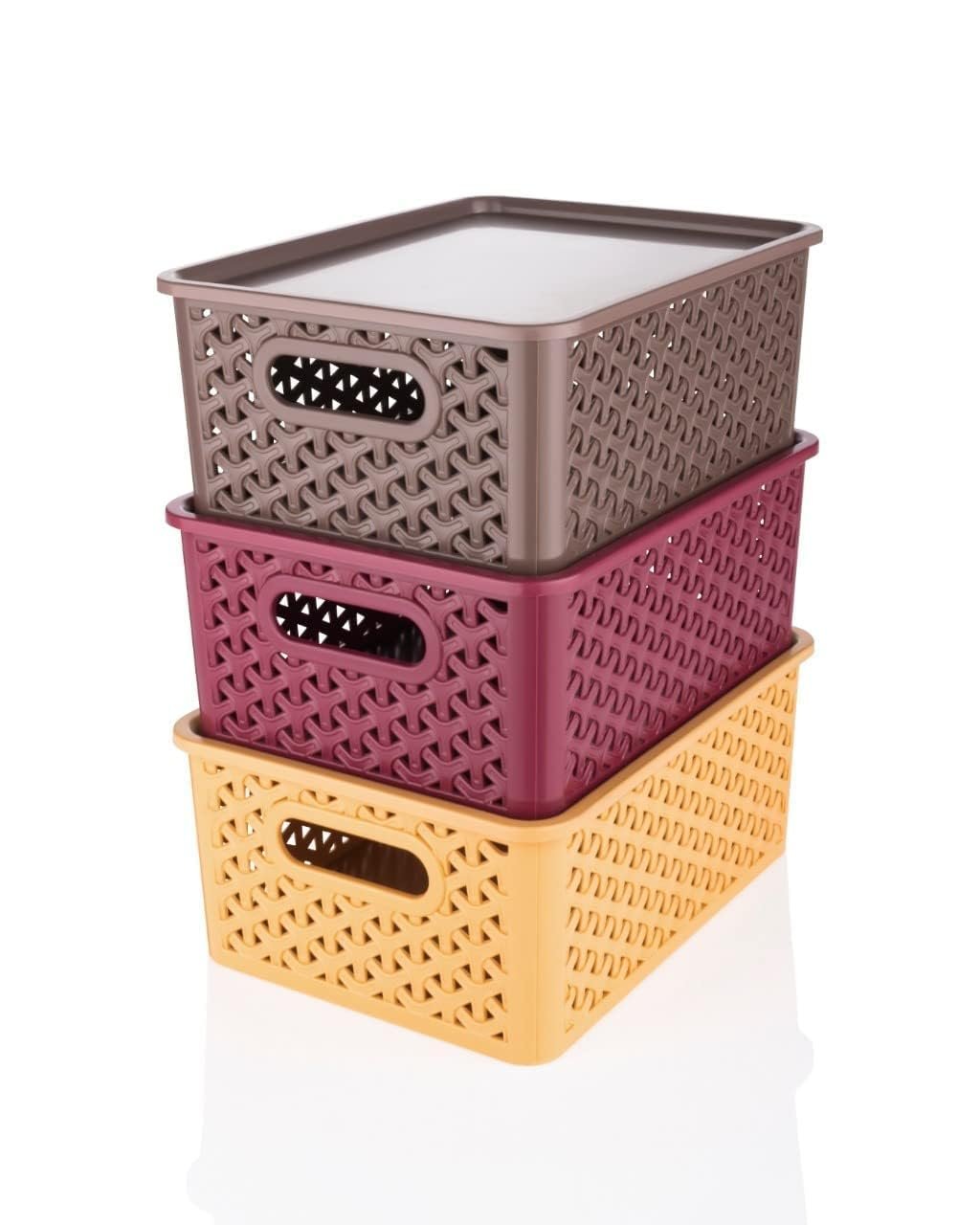 Multipurpose 3 Pcs Kitchen Storage Basket with Lid | Strong Plastic Material & Side Grip| for Fruits, Vegetables,Magazines, Cosmetics,Kitchen Tool (Multi)