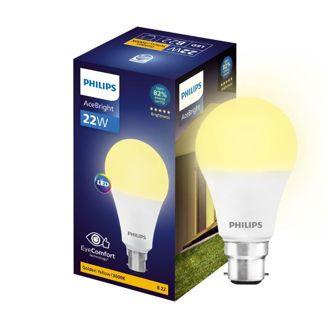 Philips 22-watt LED Bulb |AceBright High Wattage LED Bulb|Base: B22 Light Bulb for Home | Golden Yellow, Pack of 1