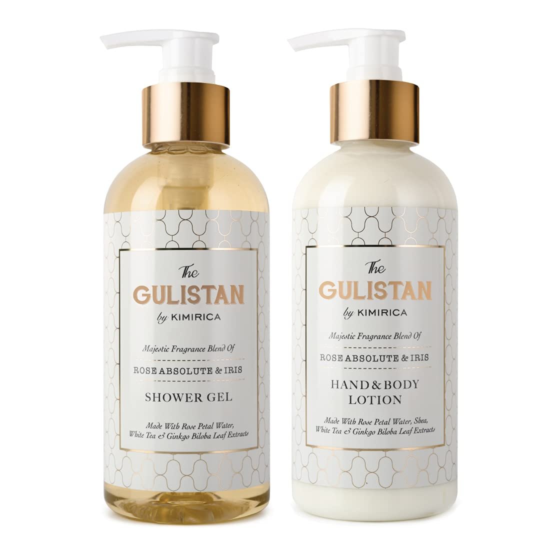 Kimirica The Royal Gulistan Shower Gel and Moisturizing Summer Body Lotion combo | Luxury Bath Care Duo | Rose Absolute & Iris | 100% Vegan and Paraben Free | 300ml x 2