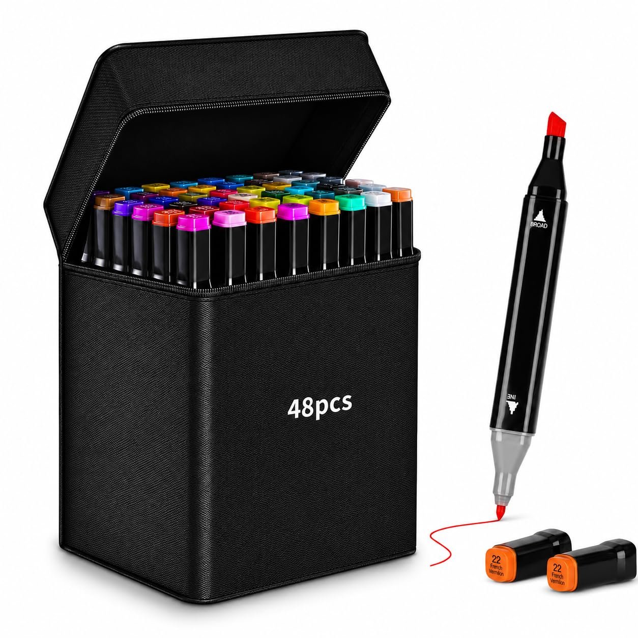 Corslet Dual Tip Colorful Art Markers Sketch Pens 48 Colors with Carrying Case For Painting Sketching Calligraphy Drawing, Chisel & Fine Tip Permanent Colouring Marker For Kids Adult, Multicolor (